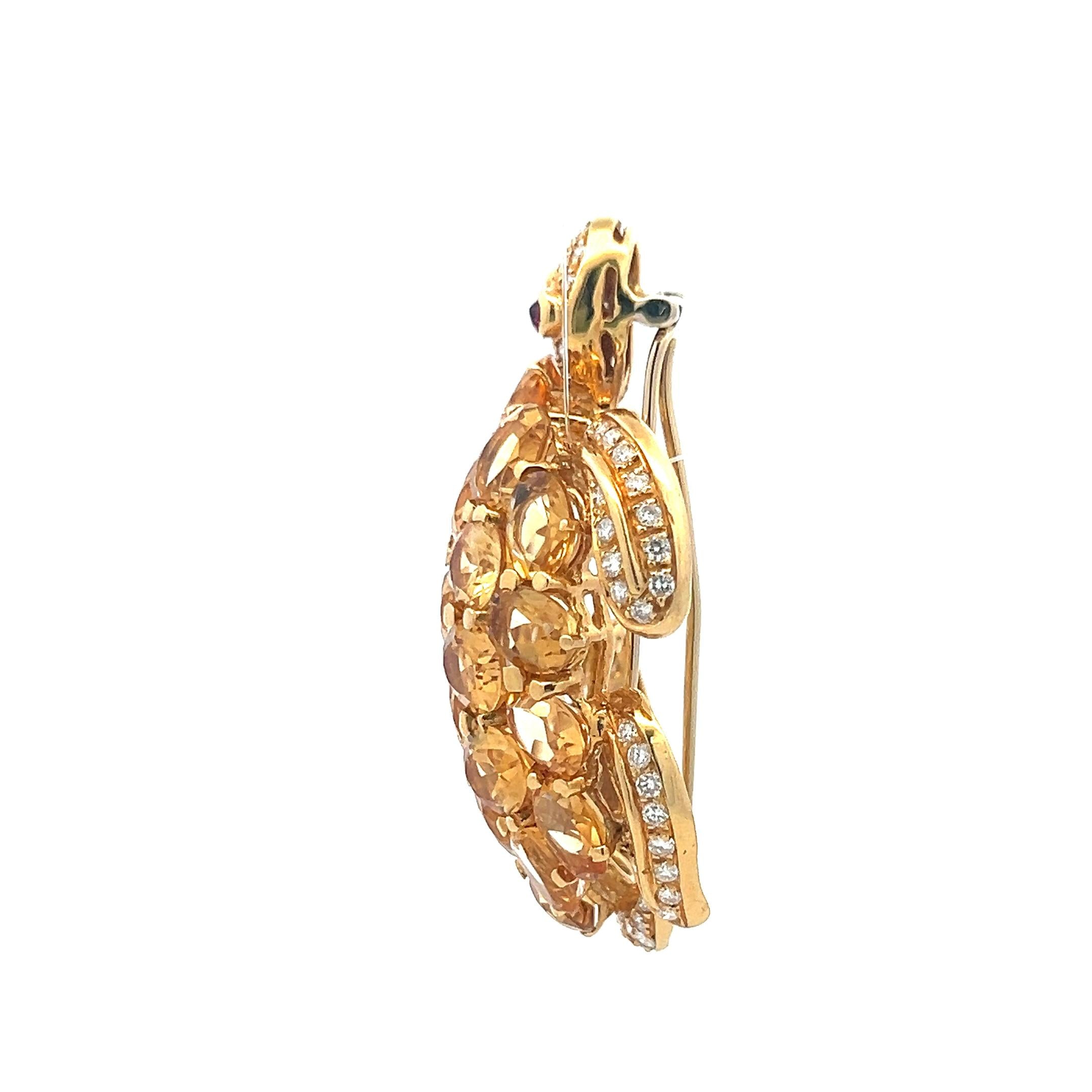 48.00 Carat Citrine 2.50 Carat Round Diamond 18K Yellow Gold Pin Brooch