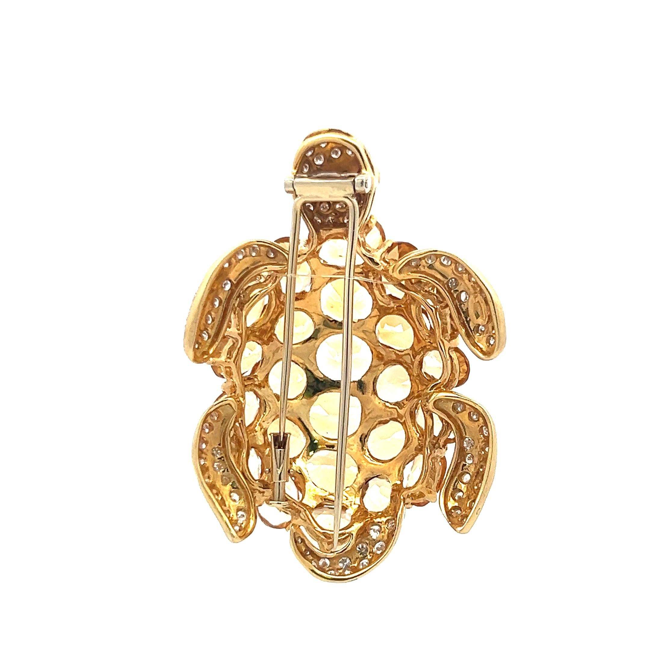 18K Yellow Gold Turtle Pin Brooch with 2.5 Carat Diamonds & 48 Carat Citrine