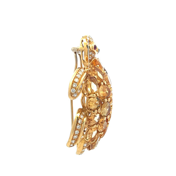 48.00 Carat Citrine 2.50 Carat Round Diamond 18K Yellow Gold Pin Brooch