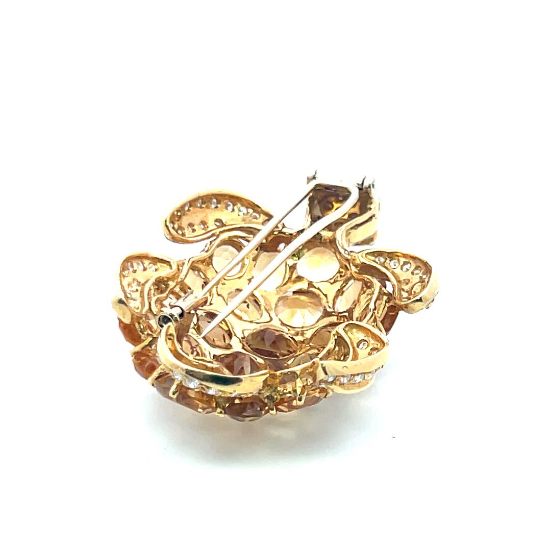 48.00 Carat Citrine 2.50 Carat Round Diamond 18K Yellow Gold Pin Brooch