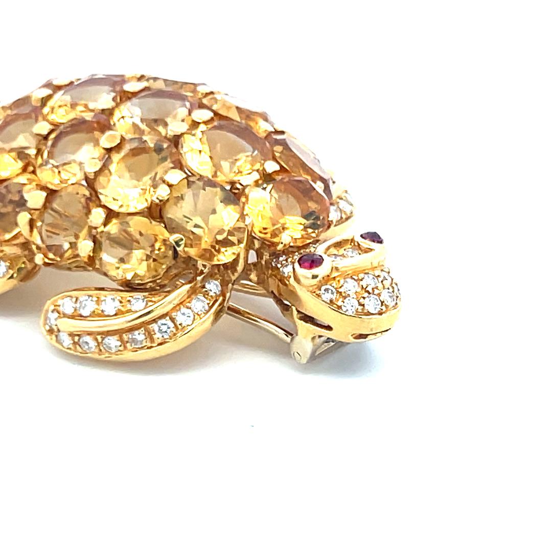 18K Yellow Gold Turtle Pin Brooch with 2.5 Carat Diamonds & 48 Carat Citrine