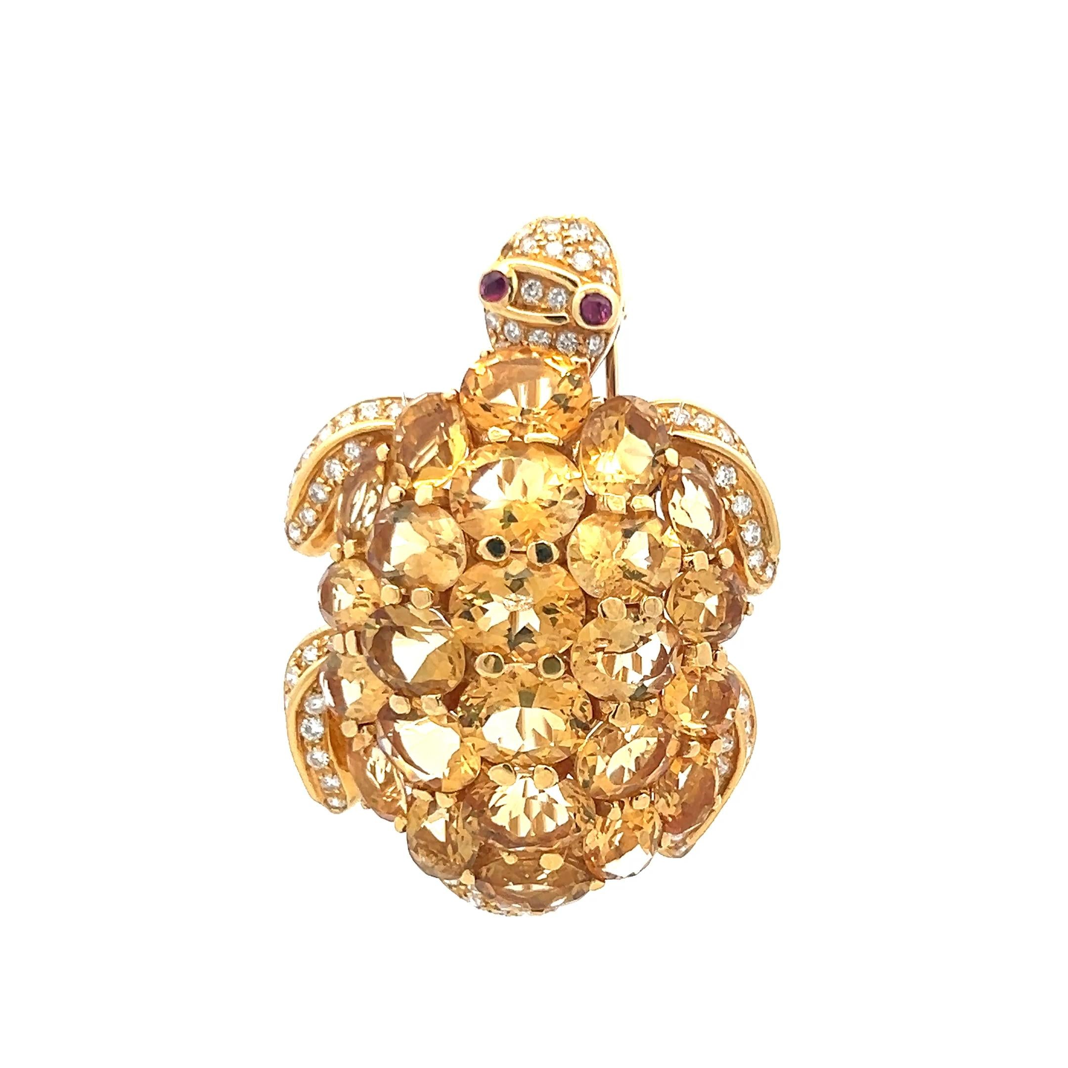 18K Yellow Gold Turtle Pin Brooch with 2.5 Carat Diamonds & 48 Carat Citrine