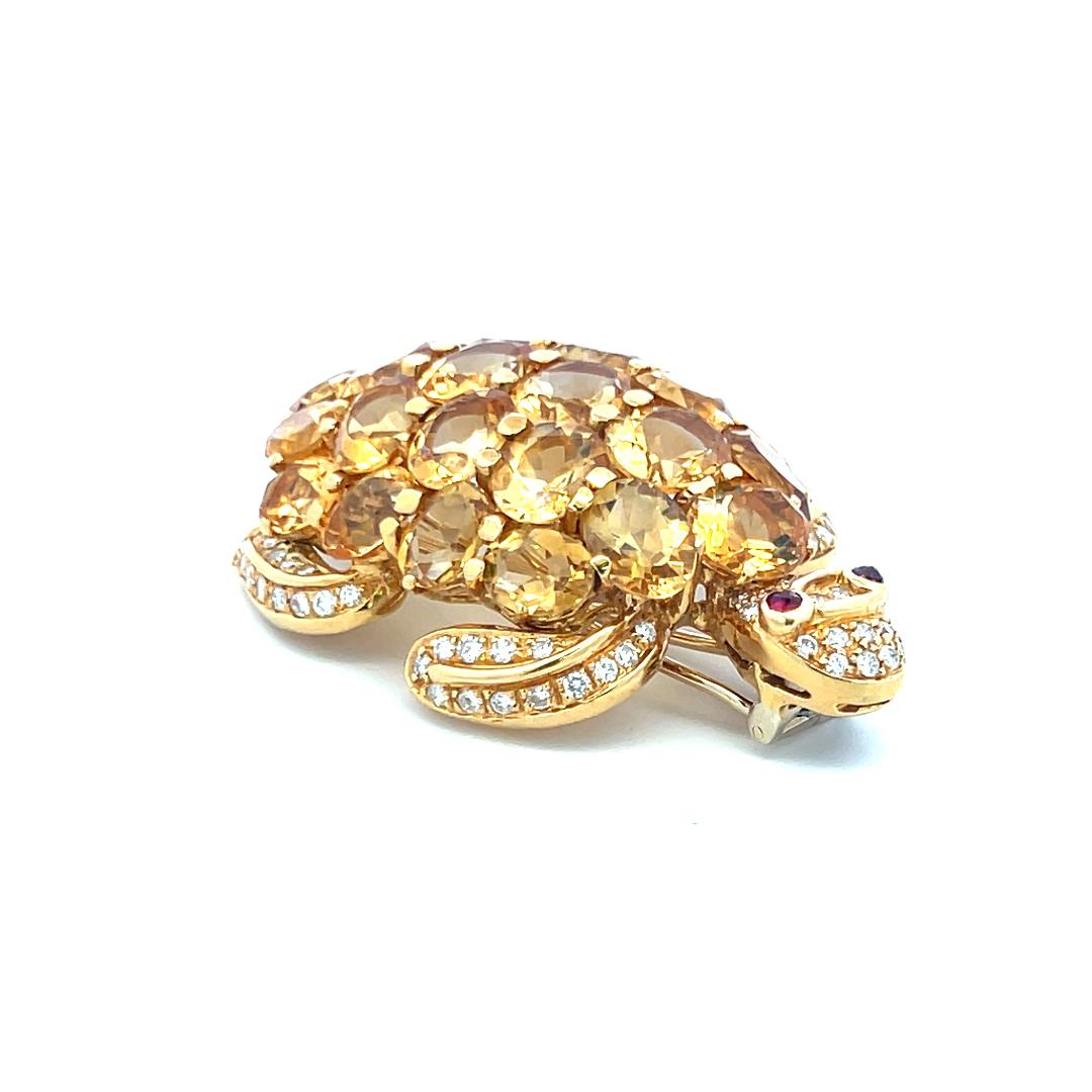 18K Yellow Gold Turtle Pin Brooch with 2.5 Carat Diamonds & 48 Carat Citrine