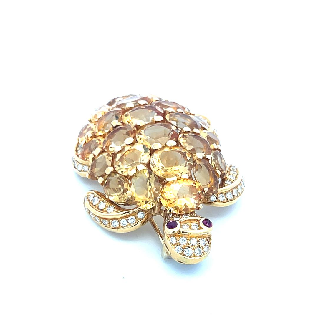 18K Yellow Gold Turtle Pin Brooch with 2.5 Carat Diamonds & 48 Carat Citrine