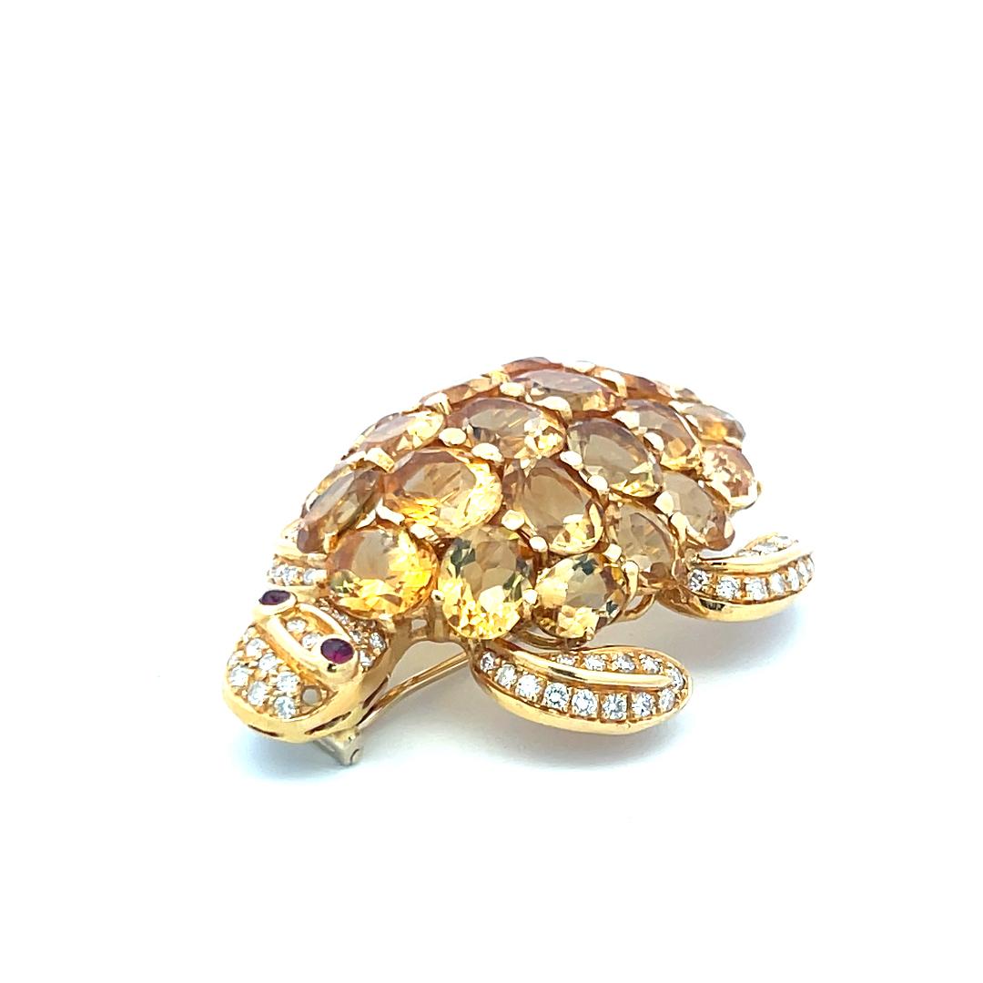 18K Yellow Gold Turtle Pin Brooch with 2.5 Carat Diamonds & 48 Carat Citrine