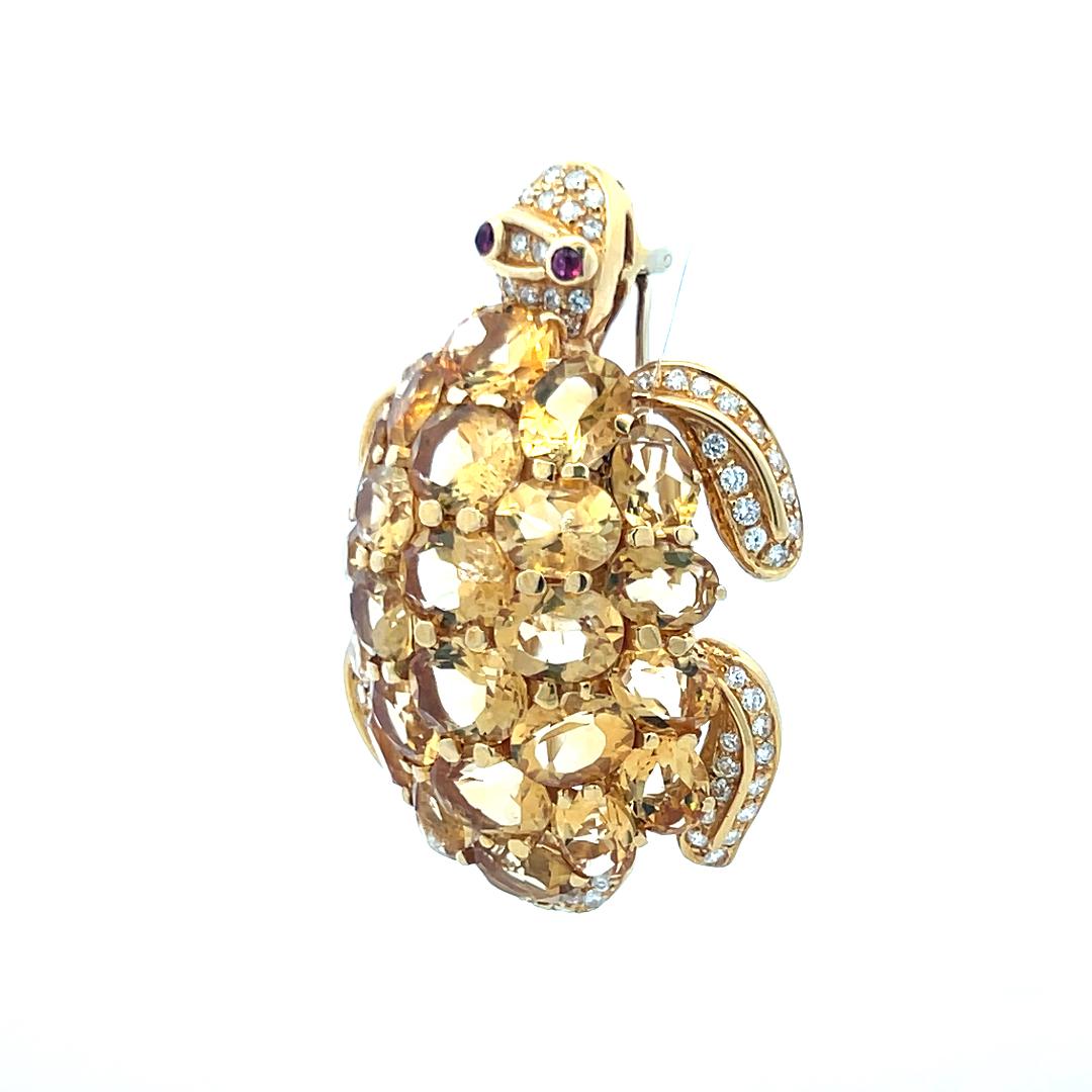 18K Yellow Gold Turtle Pin Brooch with 2.5 Carat Diamonds & 48 Carat Citrine