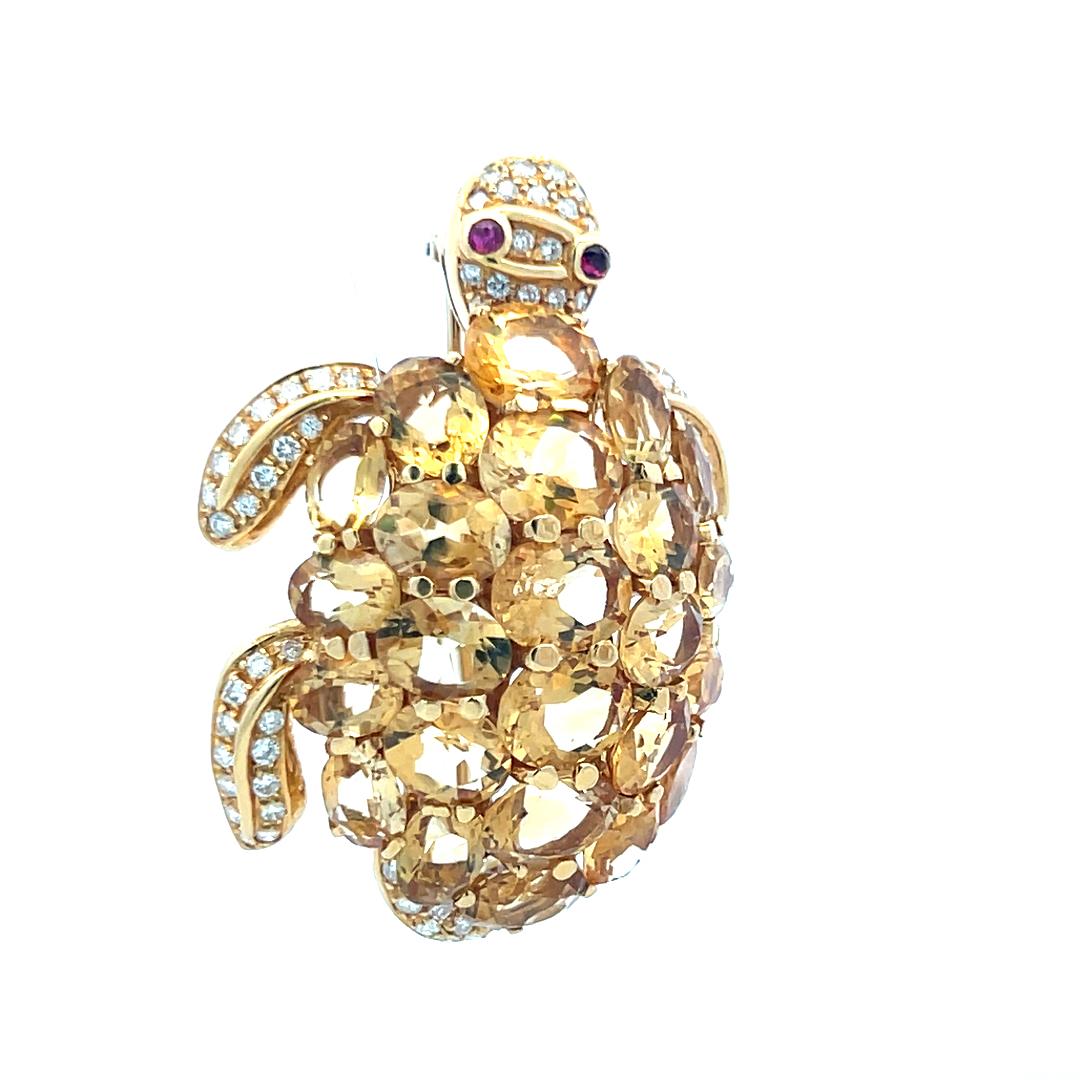 18K Yellow Gold Turtle Pin Brooch with 2.5 Carat Diamonds & 48 Carat Citrine
