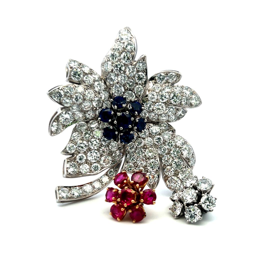 Diamond Ruby Sapphire Flower Brooch 18K Two-Tone Gold 19.80ct Vintage Estate