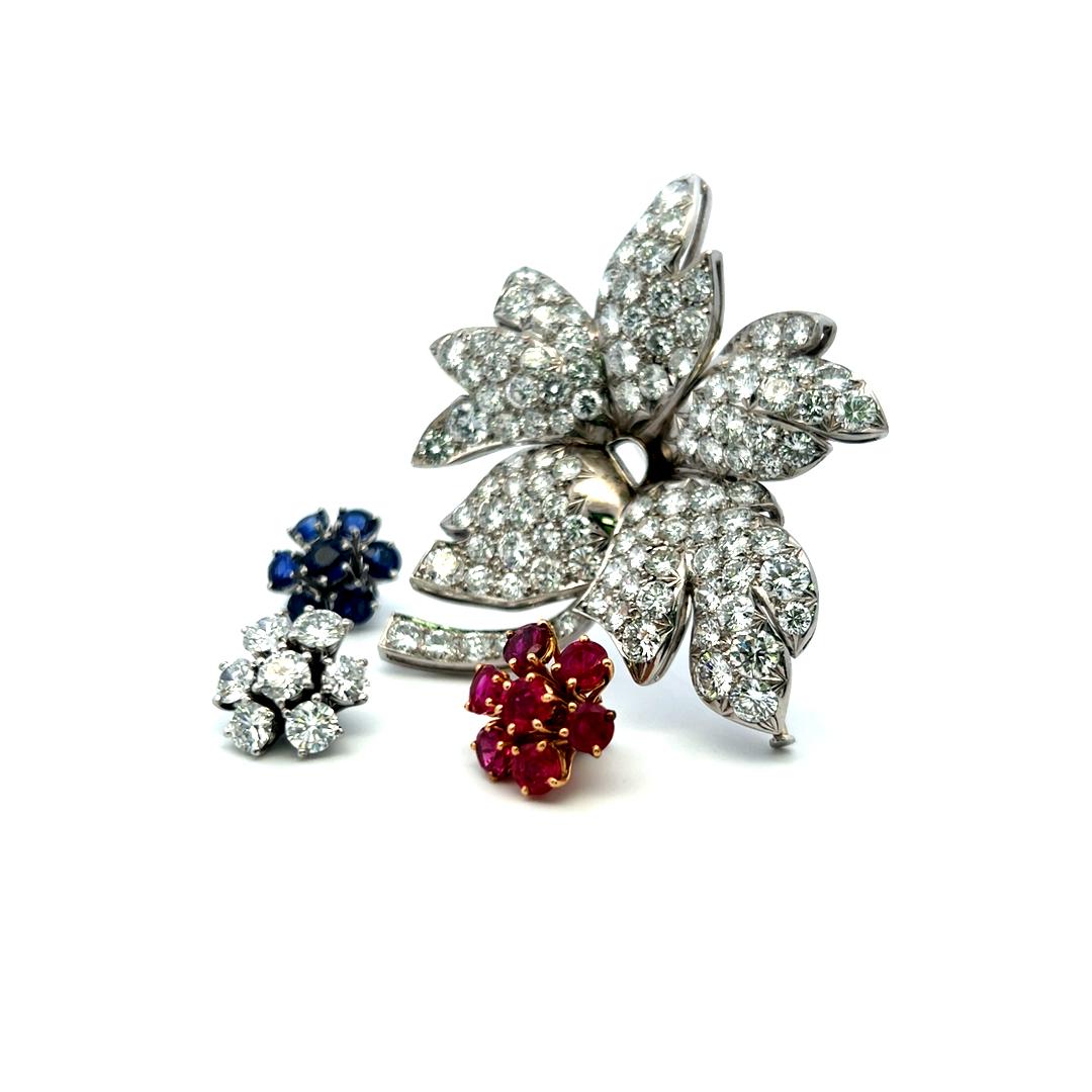 Diamond Ruby Sapphire Flower Brooch 18K Two-Tone Gold 19.80ct Vintage Estate