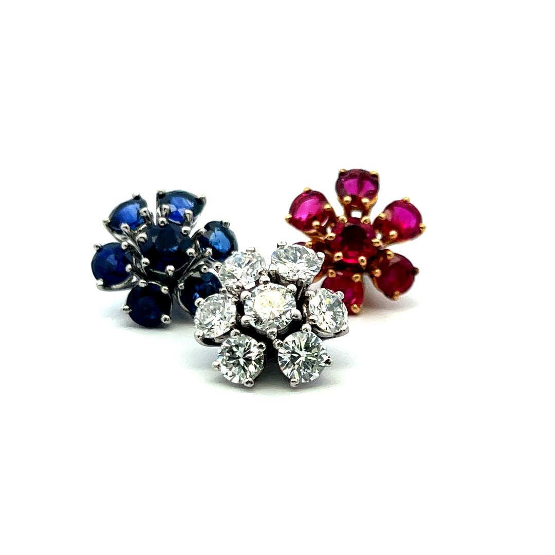Diamond Ruby Sapphire Flower Brooch 18K Two-Tone Gold 19.80ct Vintage Estate