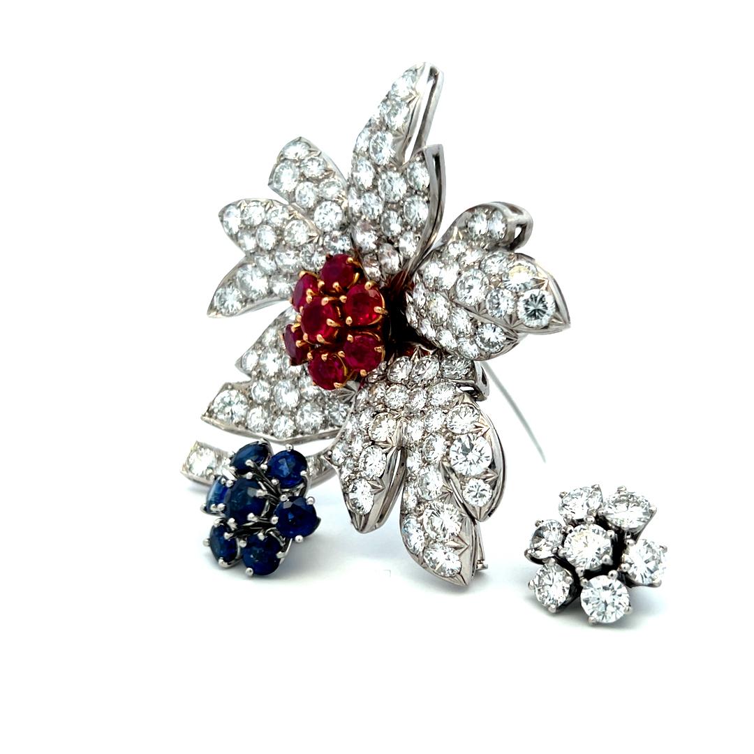 Diamond Ruby Sapphire Flower Brooch 18K Two-Tone Gold 19.80ct Vintage Estate
