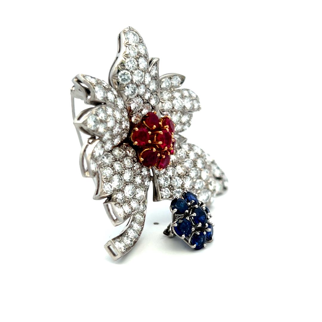 Diamond Ruby Sapphire Flower Brooch 18K Two-Tone Gold 19.80ct Vintage Estate