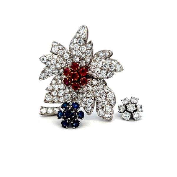 Diamond Ruby Sapphire Flower Brooch 18K Two-Tone Gold 19.80ct Vintage Estate