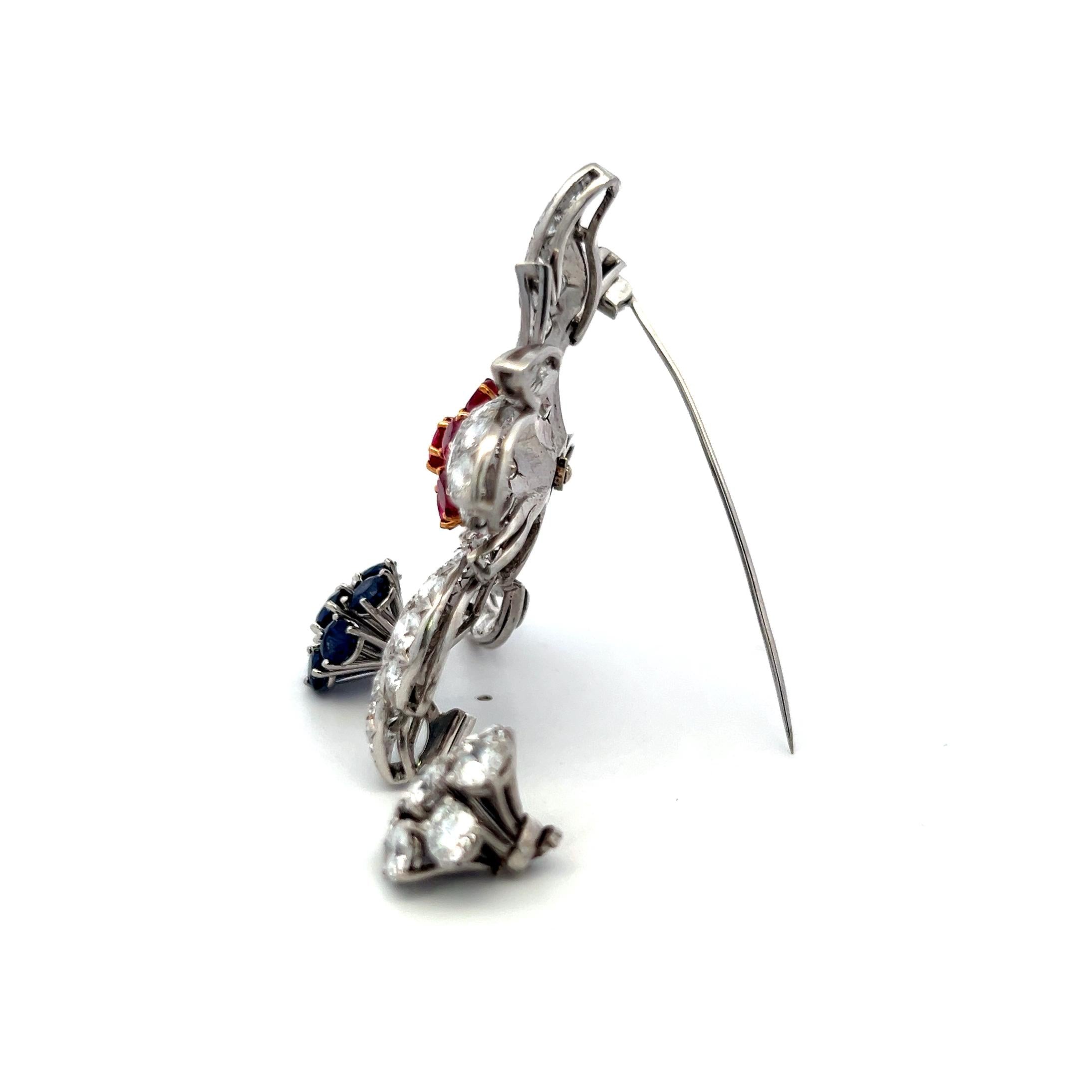 Diamond Ruby Sapphire Flower Brooch 18K Two-Tone Gold 19.80ct Vintage Estate