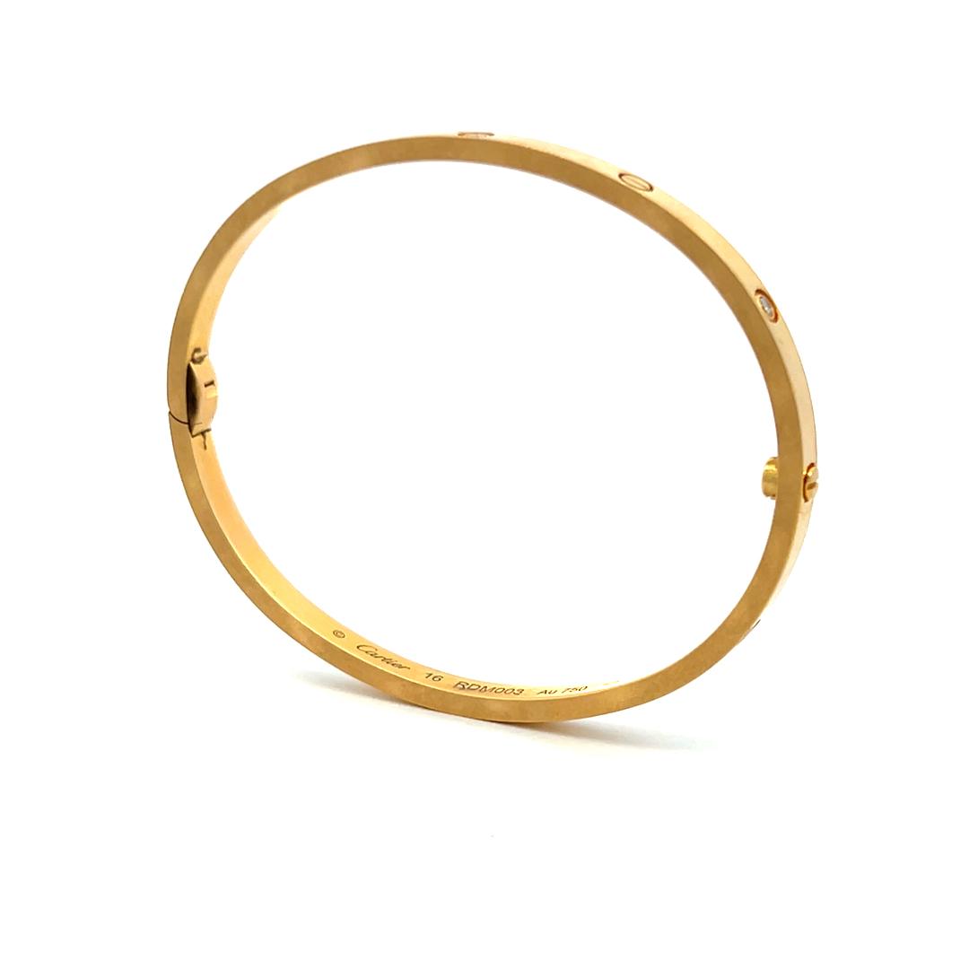Cartier 0.15 Carat Round Diamond 18K Yellow Gold Love Bracelet with Cert Size 16