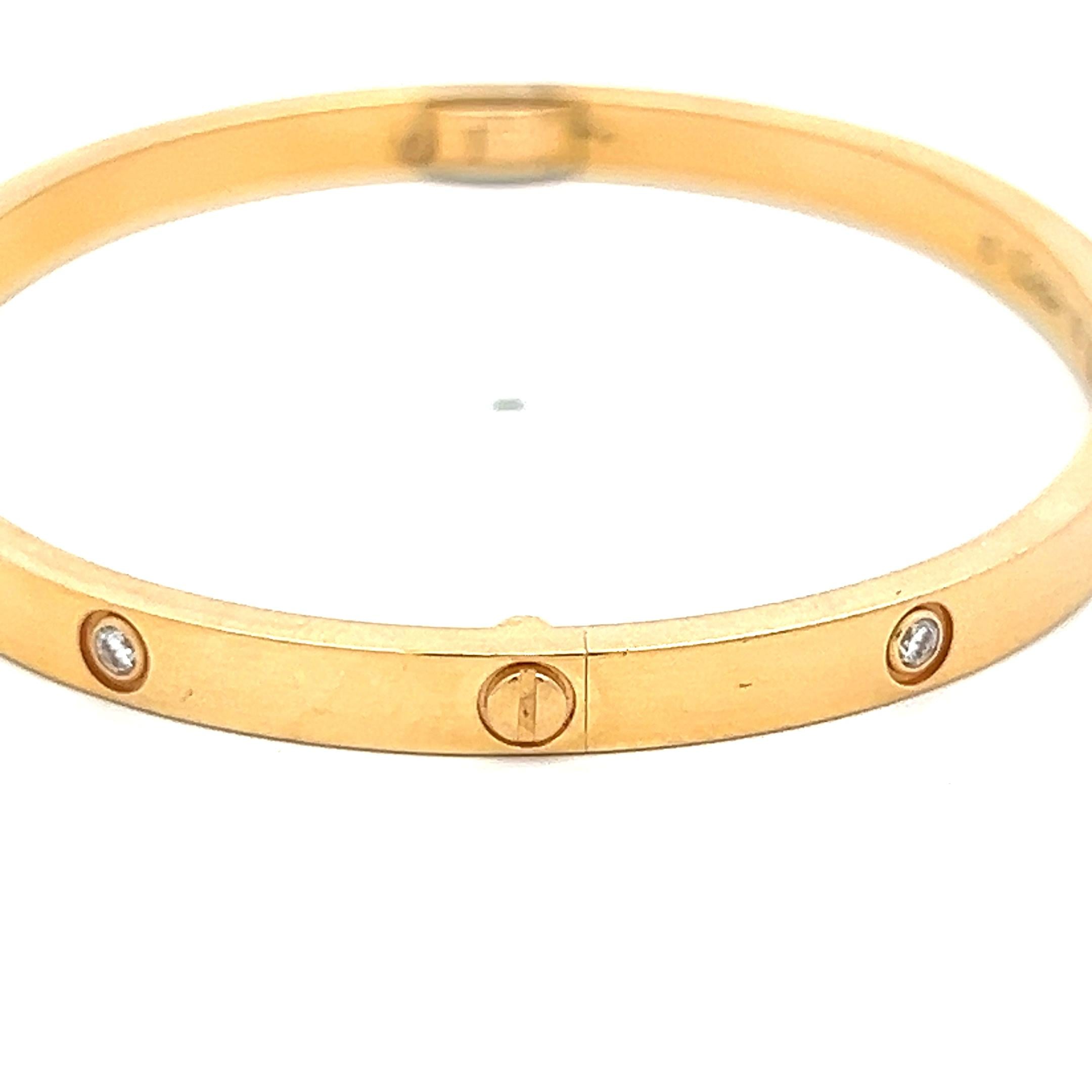 Cartier 0.15 Carat Round Diamond 18K Yellow Gold Love Bracelet with Cert Size 16