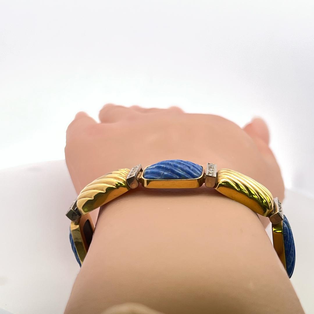 0.88 Carat Round Brilliant Diamond Lapis Lazuli 18K Yellow Gold Link Bracelet