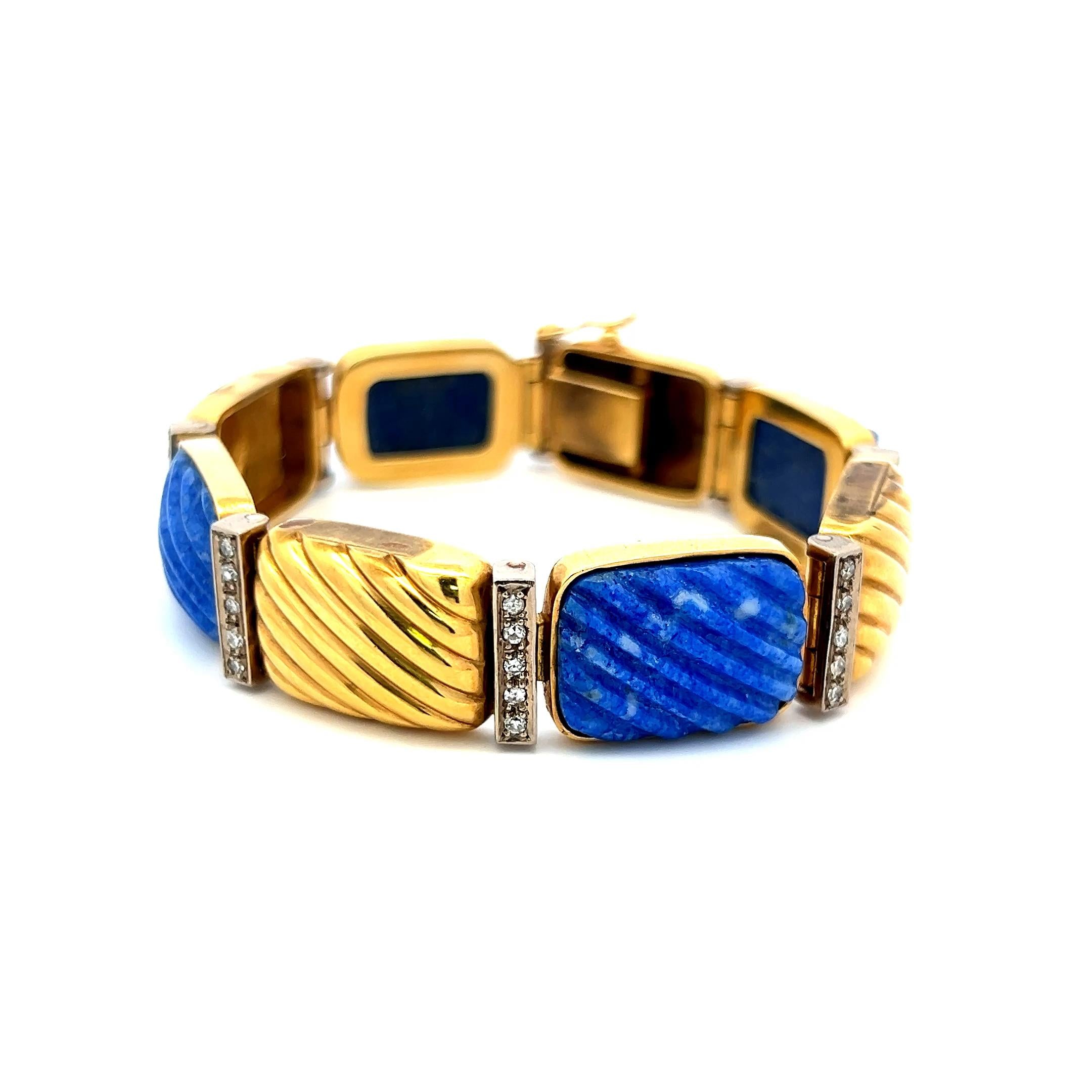 0.88 Carat Round Brilliant Diamond Lapis Lazuli 18K Yellow Gold Link Bracelet