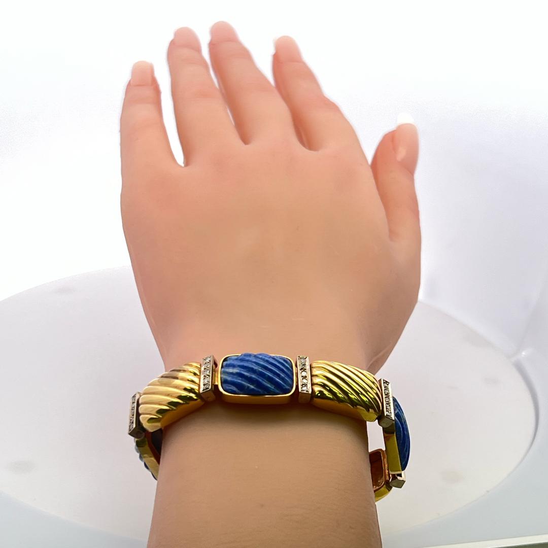 0.88 Carat Round Brilliant Diamond Lapis Lazuli 18K Yellow Gold Link Bracelet