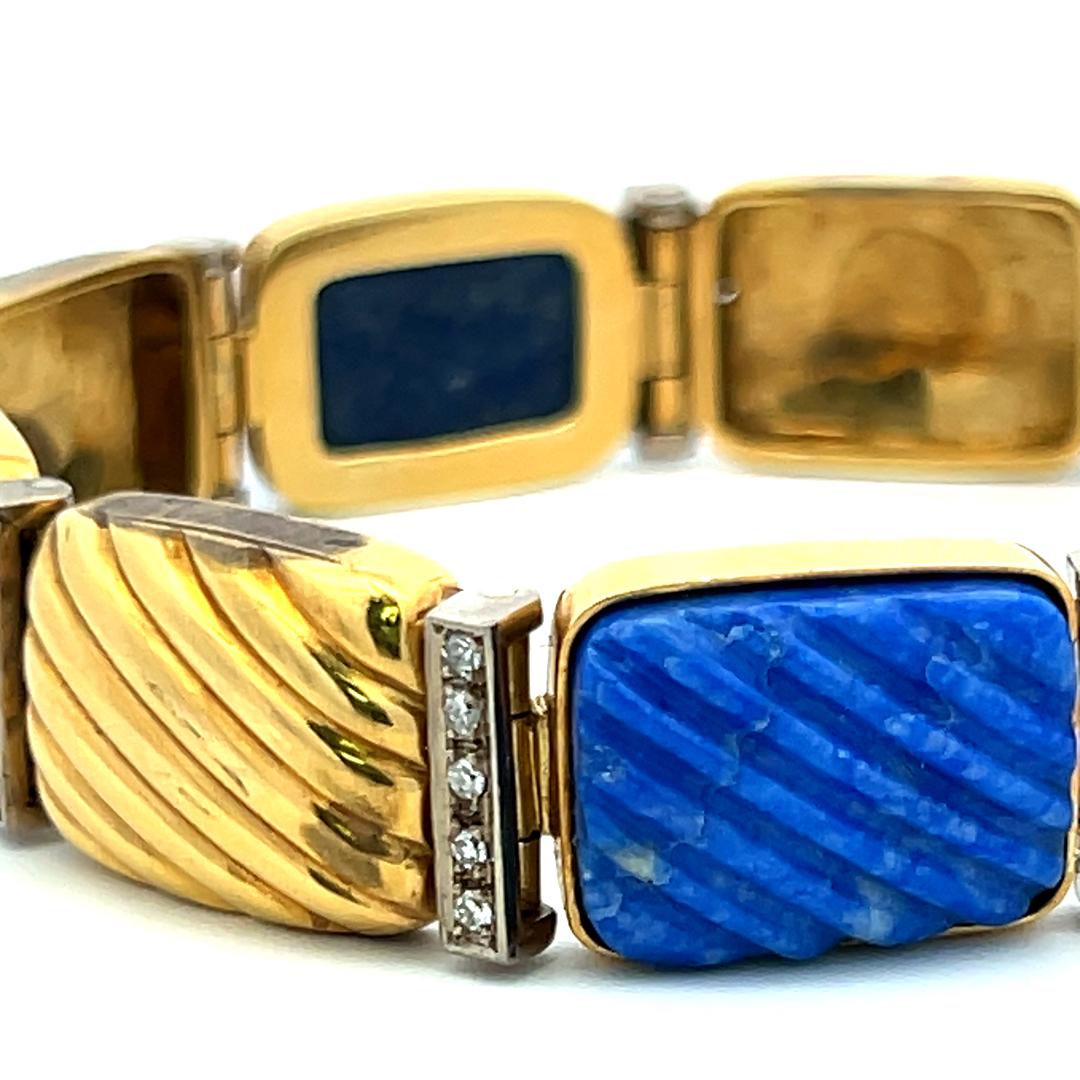 0.88 Carat Round Brilliant Diamond Lapis Lazuli 18K Yellow Gold Link Bracelet