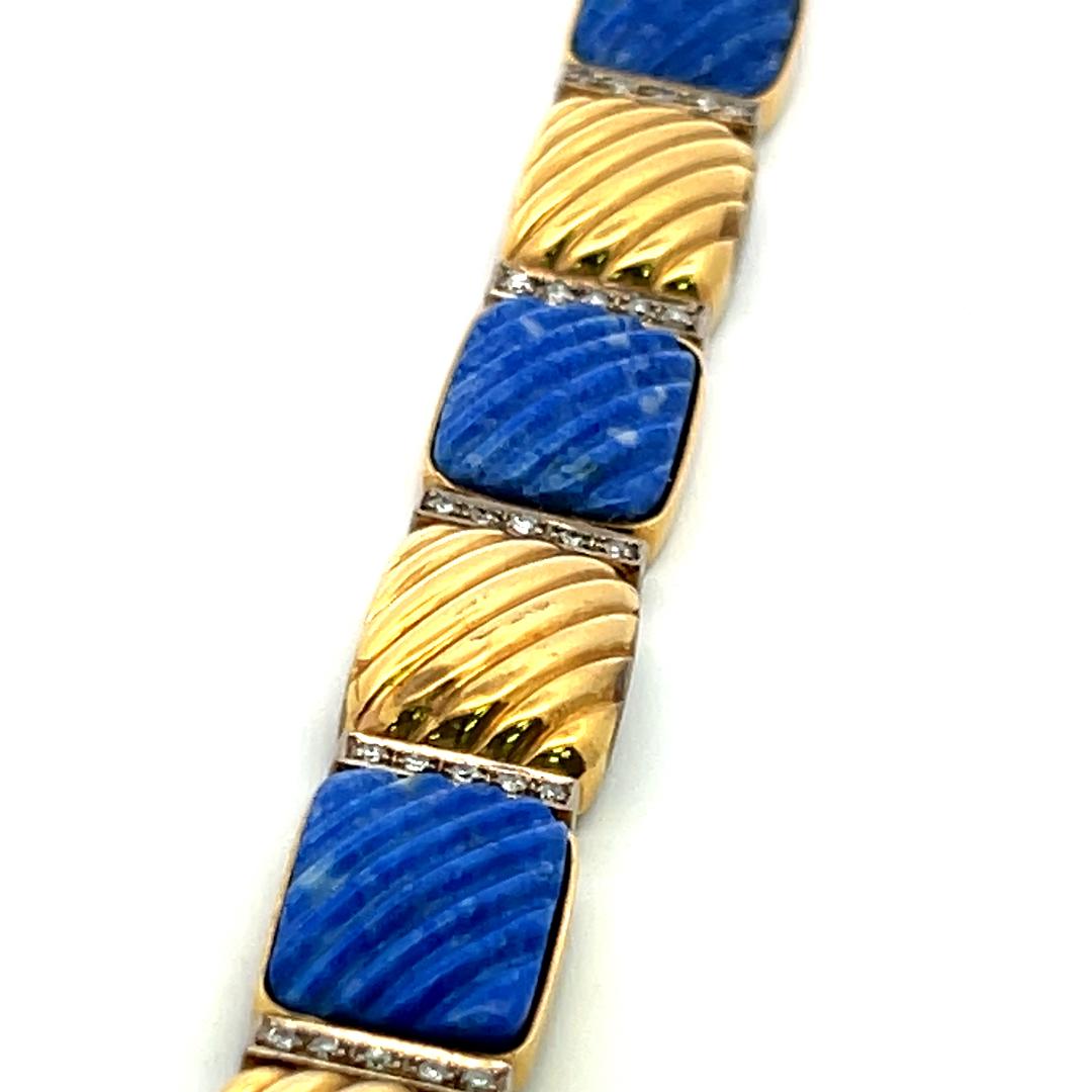 0.88 Carat Round Brilliant Diamond Lapis Lazuli 18K Yellow Gold Link Bracelet