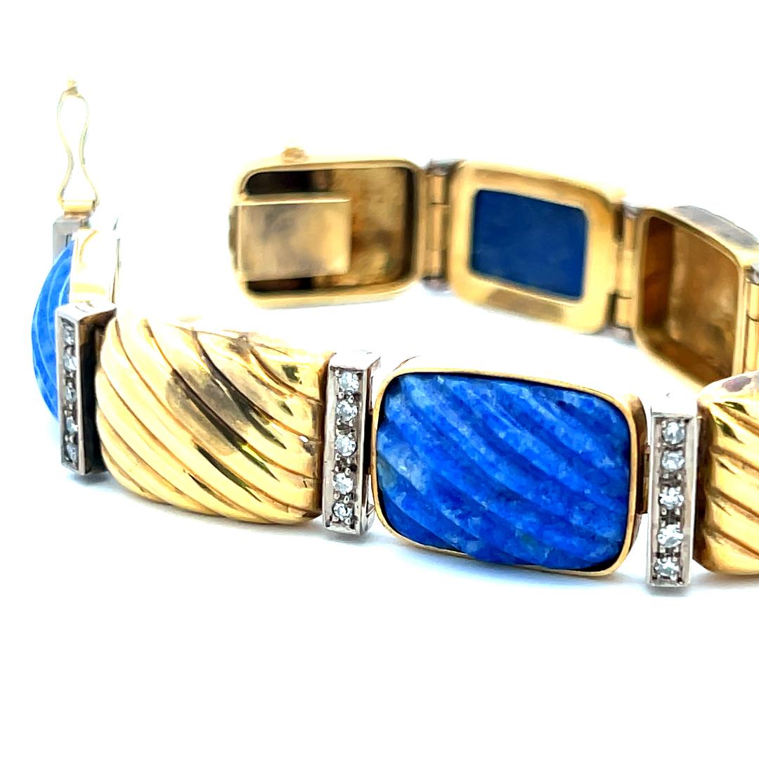 0.88 Carat Round Brilliant Diamond Lapis Lazuli 18K Yellow Gold Link Bracelet