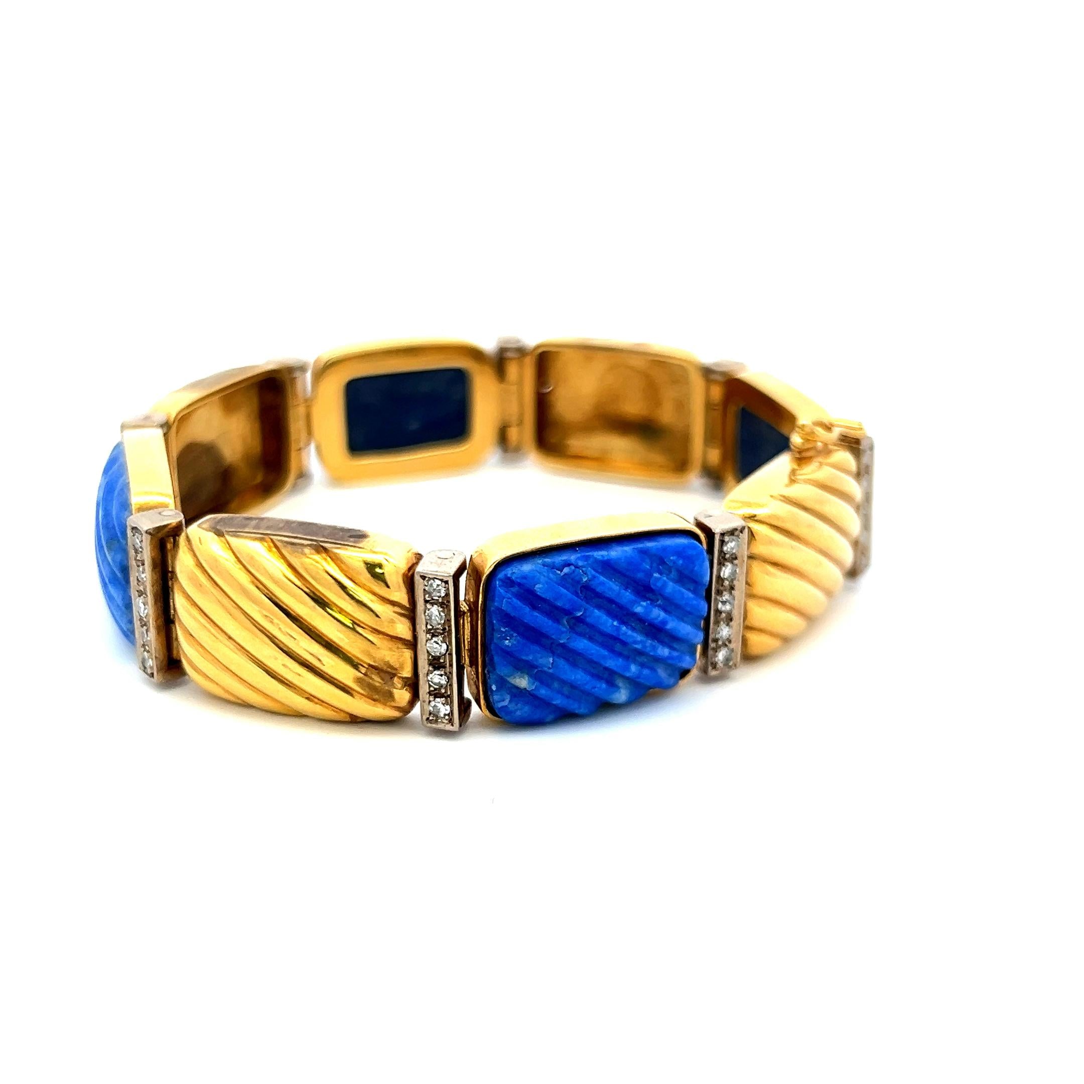 0.88 Carat Round Brilliant Diamond Lapis Lazuli 18K Yellow Gold Link Bracelet