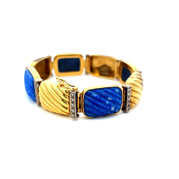 0.88 Carat Round Brilliant Diamond Lapis Lazuli 18K Yellow Gold Link Bracelet
