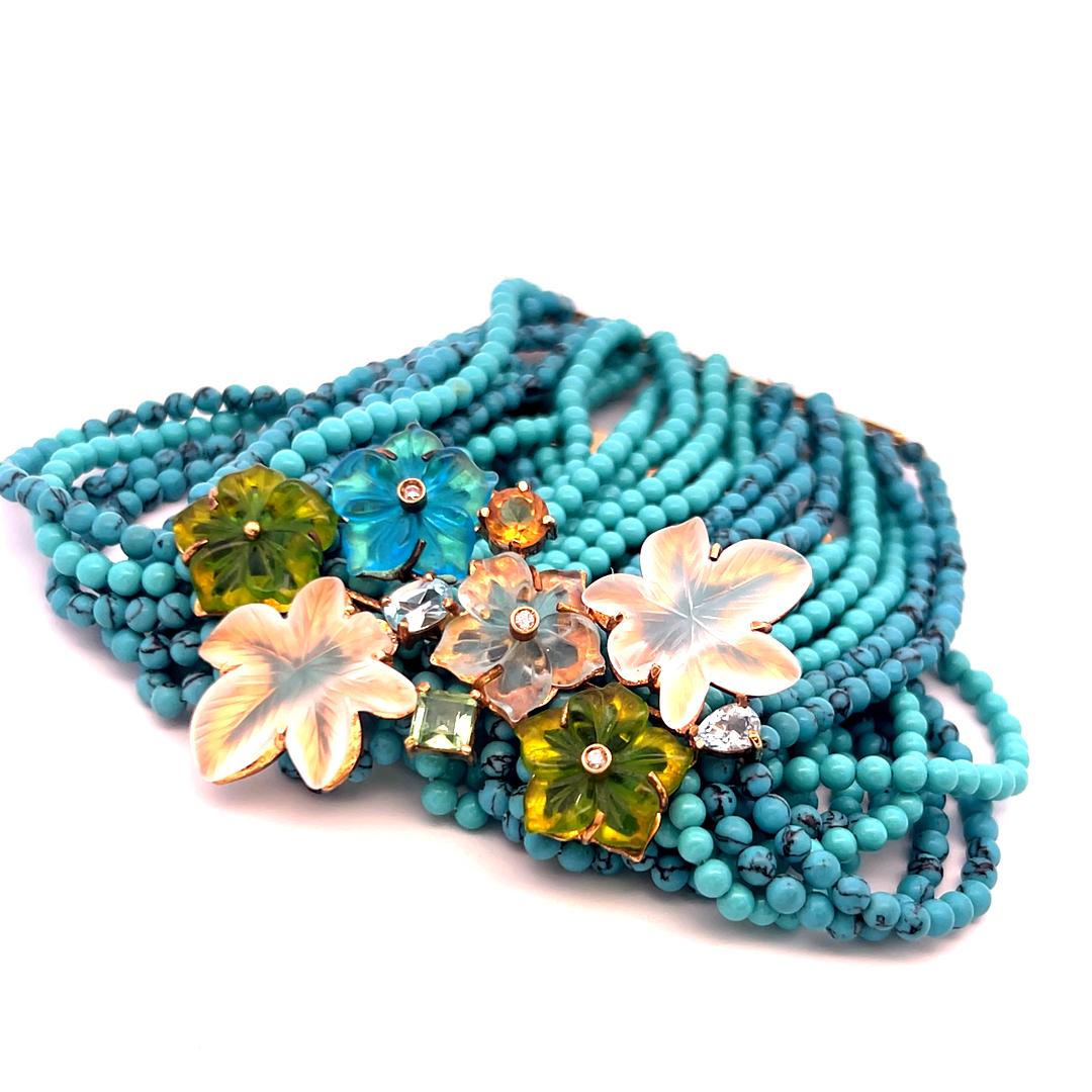 18K YG Bead Bracelet 0.03ct Diamond 0.7ct Aquamarine 0.75ct Peridot & Turquoise