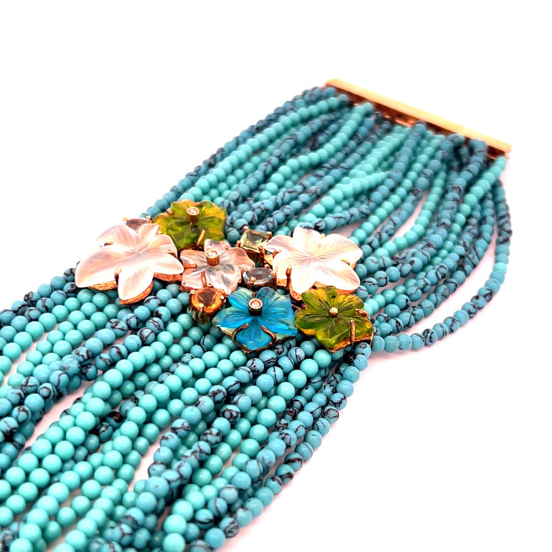 18K YG Bead Bracelet 0.03ct Diamond 0.7ct Aquamarine 0.75ct Peridot & Turquoise