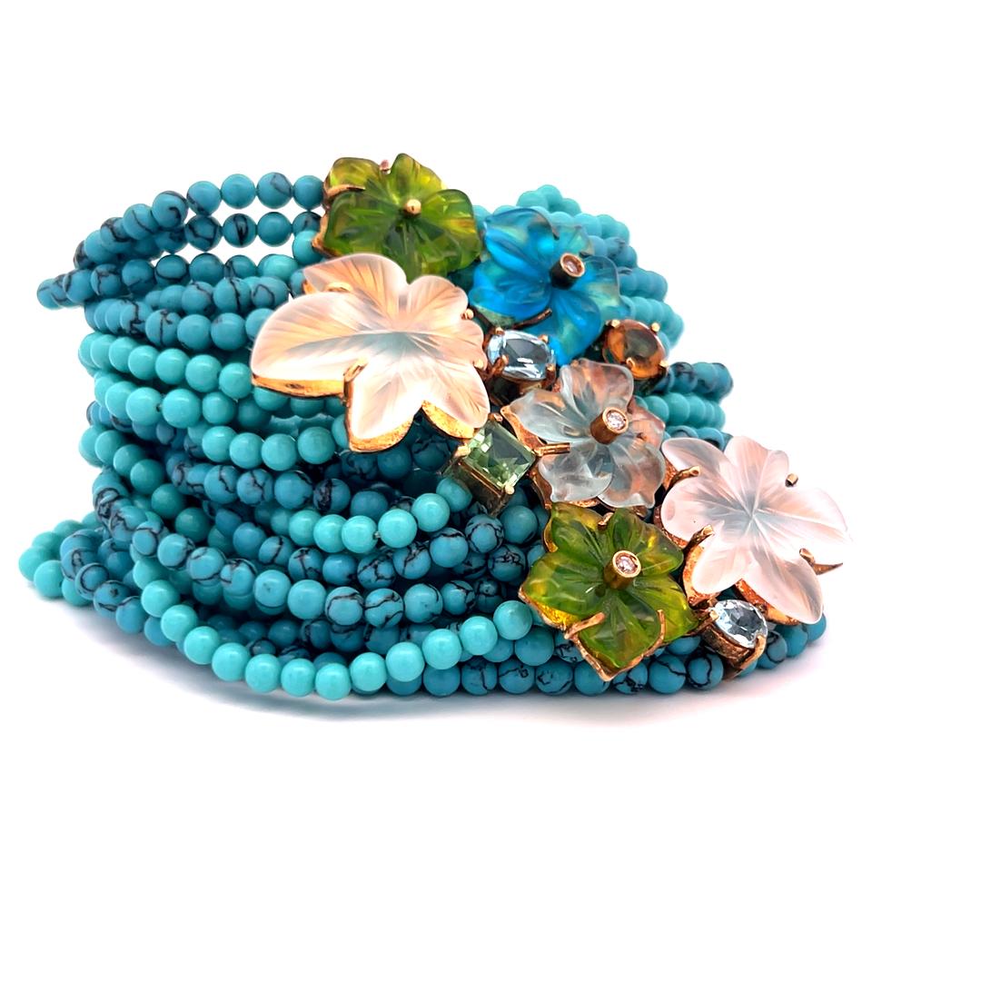 18K YG Bead Bracelet 0.03ct Diamond 0.7ct Aquamarine 0.75ct Peridot & Turquoise