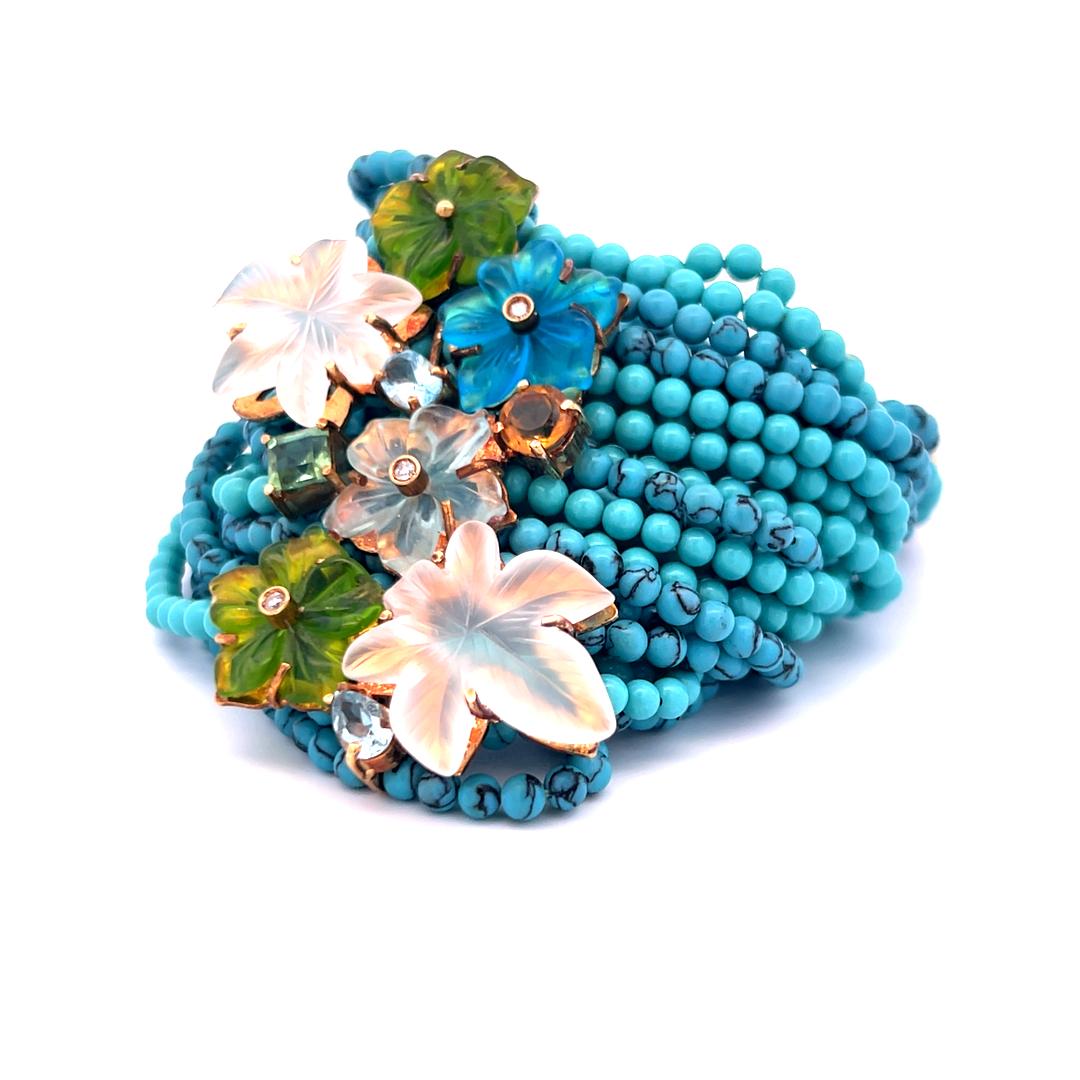 18K YG Bead Bracelet 0.03ct Diamond 0.7ct Aquamarine 0.75ct Peridot & Turquoise