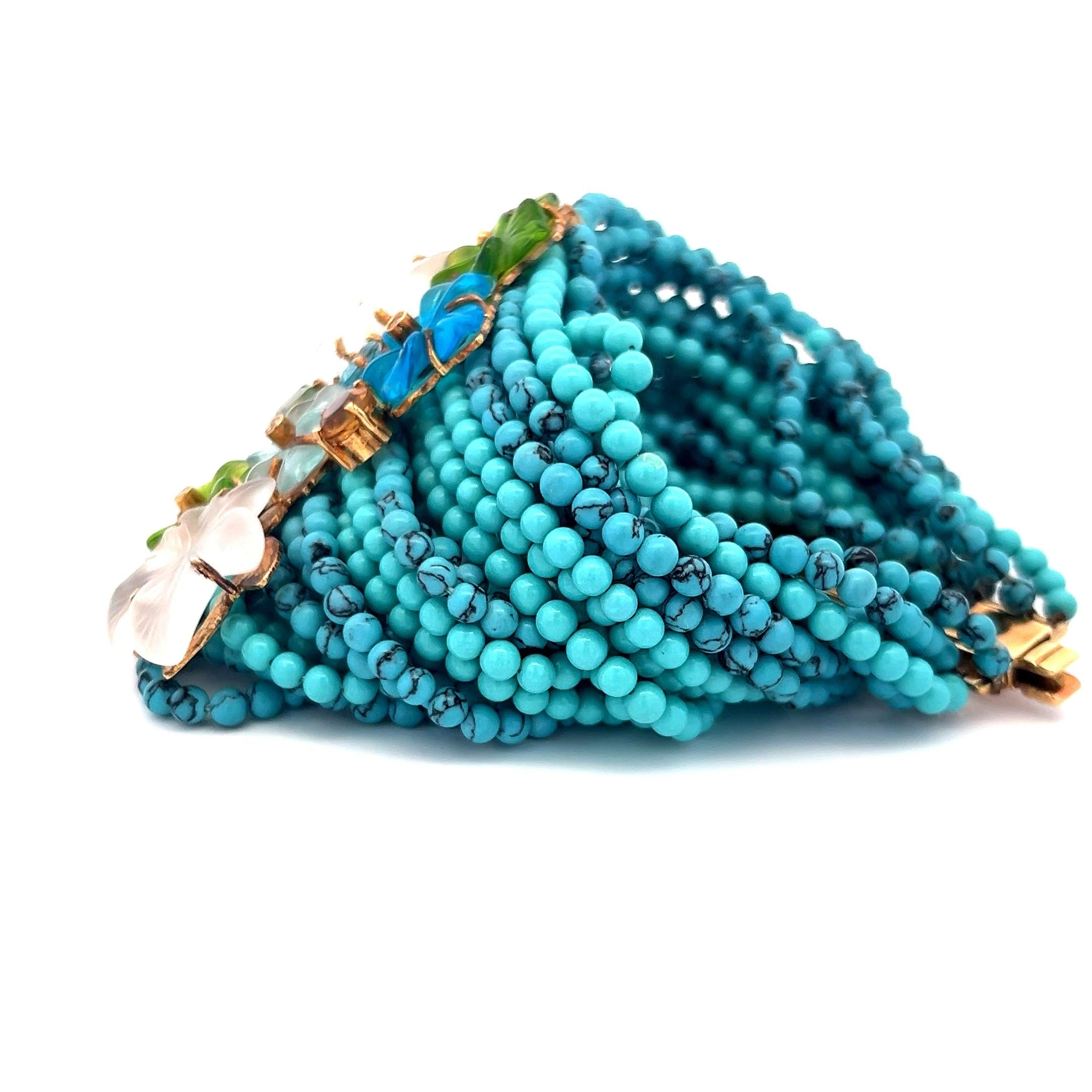 18K YG Bead Bracelet 0.03ct Diamond 0.7ct Aquamarine 0.75ct Peridot & Turquoise