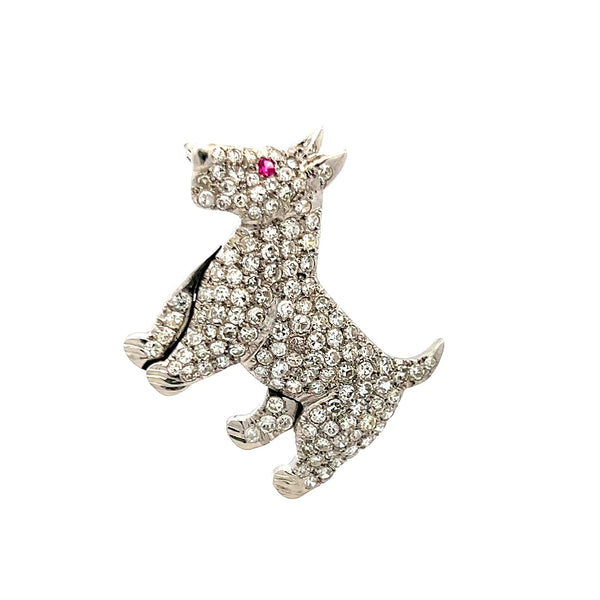 3.00 Carat Round Diamond 0.02 Carat Ruby 18 Karat White Gold Pin Brooch