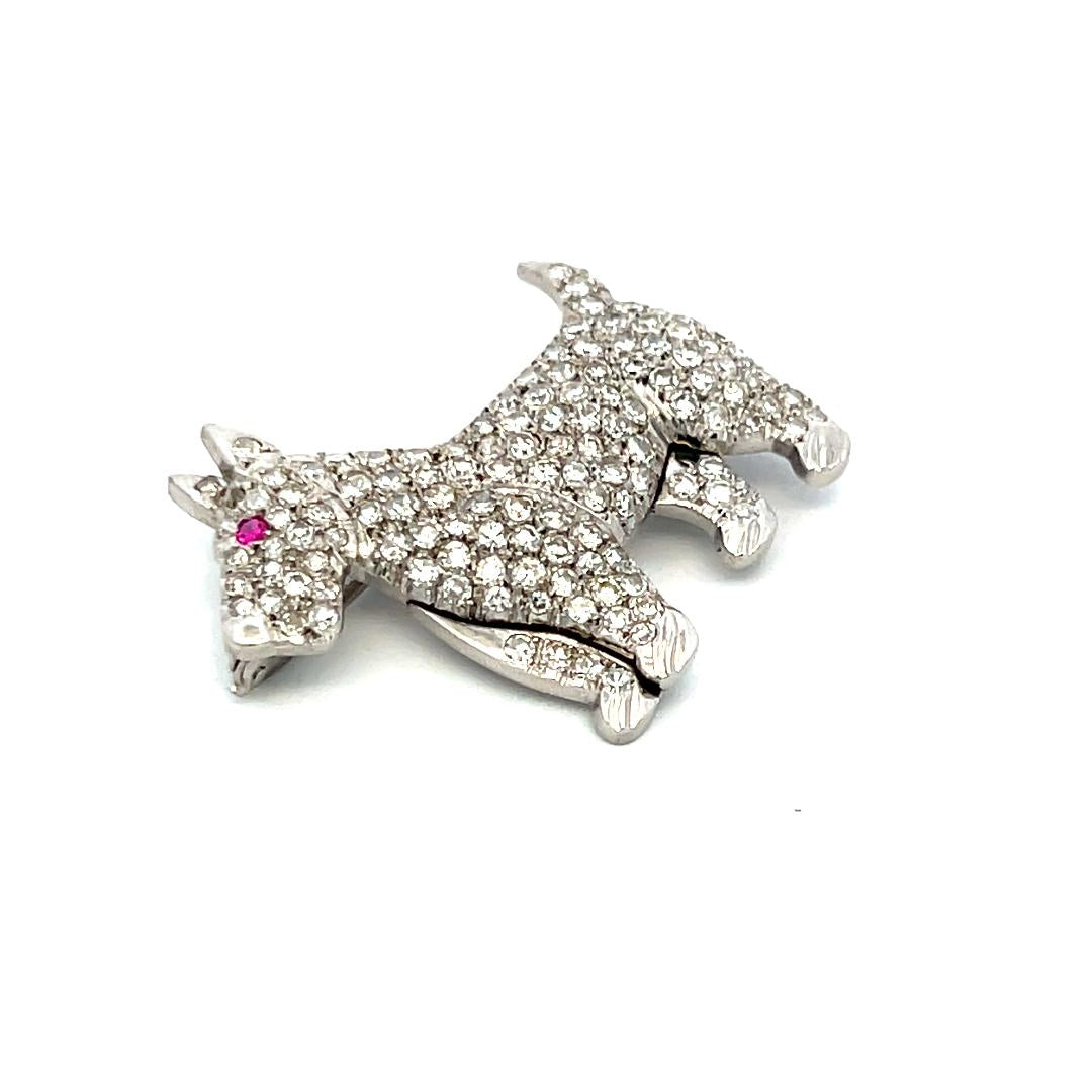 3.00 Carat Round Diamond 0.02 Carat Ruby 18 Karat White Gold Pin Brooch