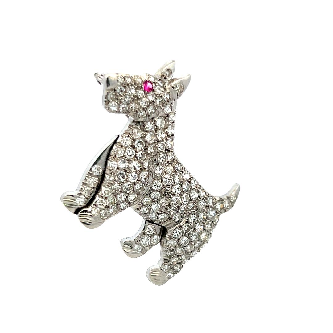 3.00 Carat Round Diamond 0.02 Carat Ruby 18 Karat White Gold Pin Brooch
