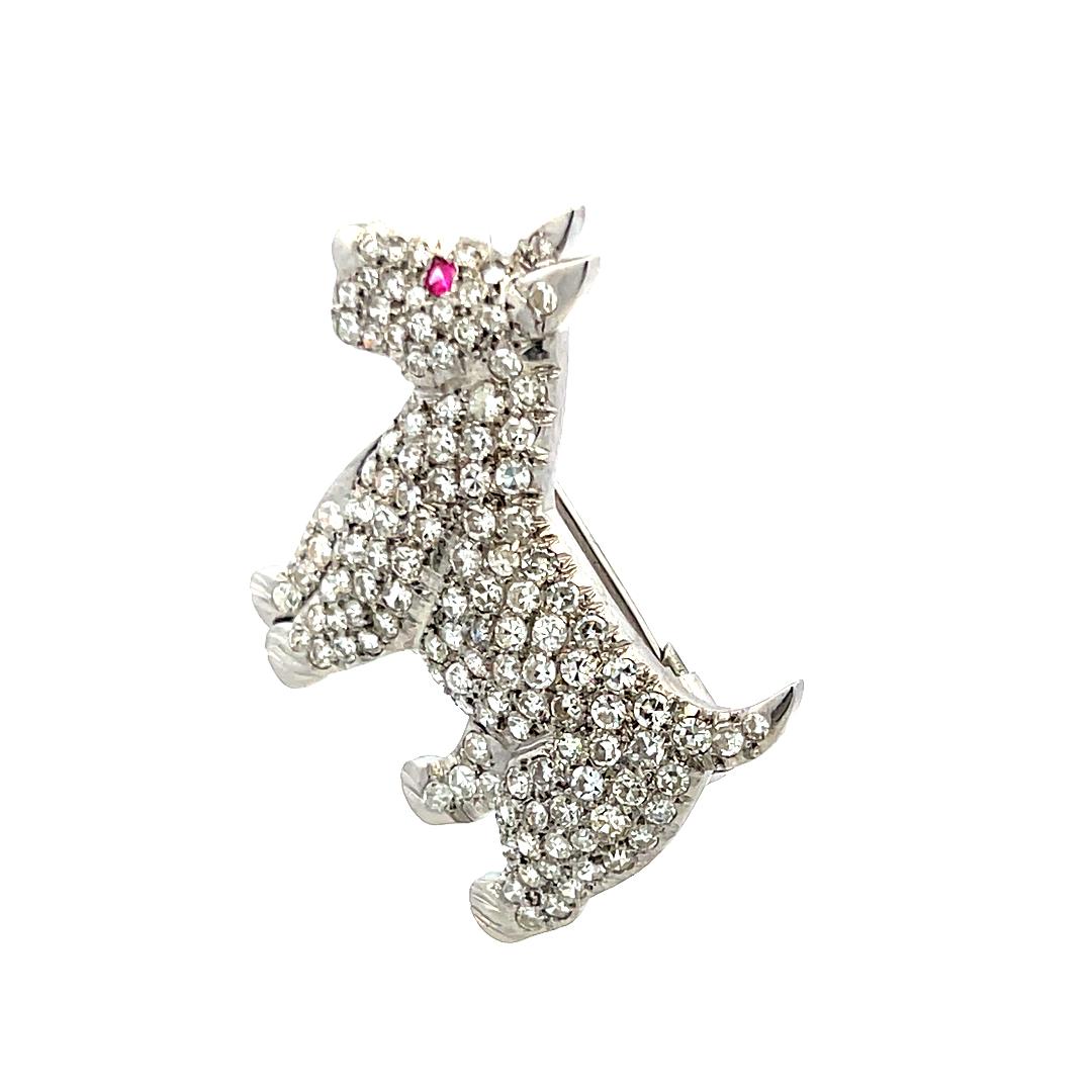 3.00 Carat Round Diamond 0.02 Carat Ruby 18 Karat White Gold Pin Brooch