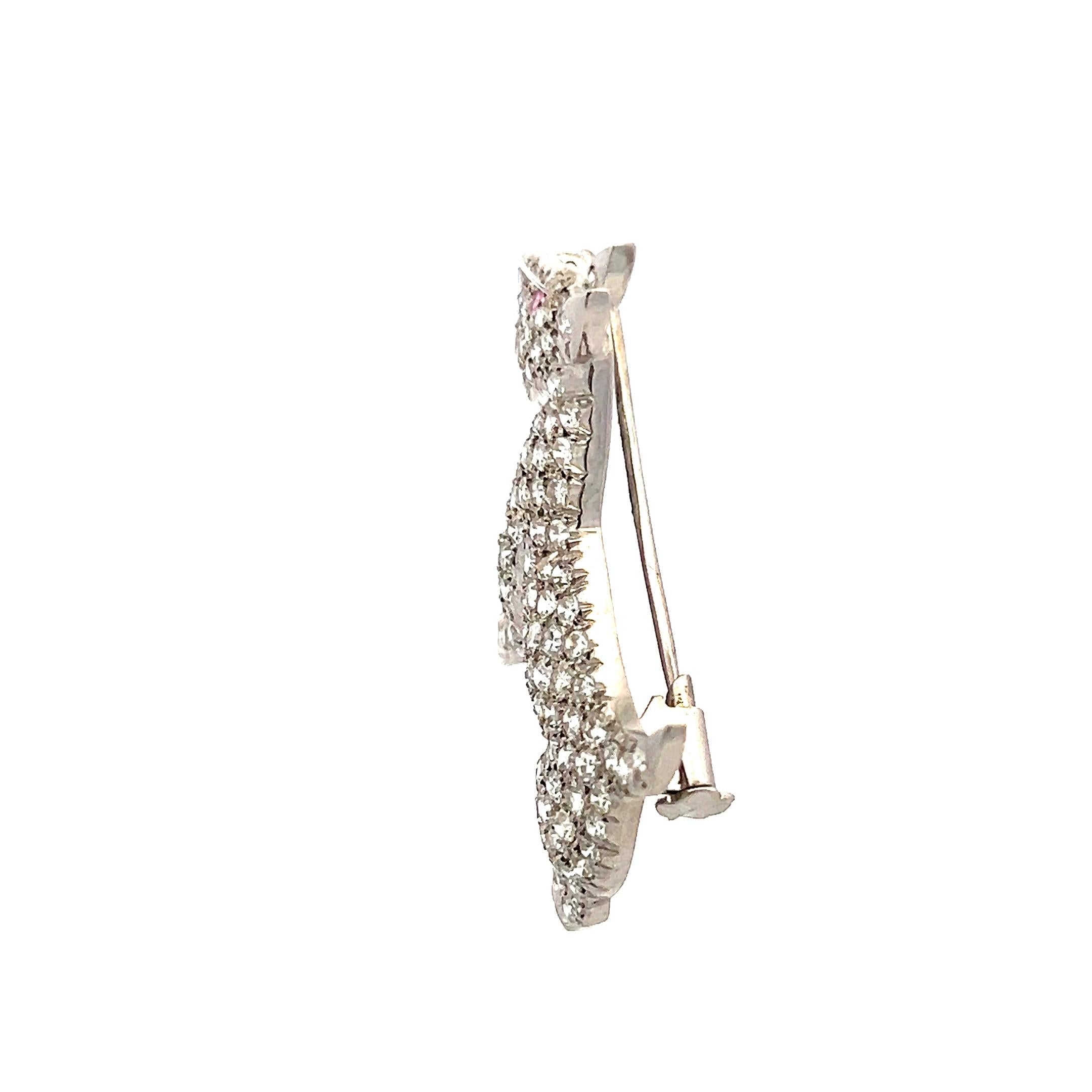 3.00 Carat Round Diamond 0.02 Carat Ruby 18 Karat White Gold Pin Brooch