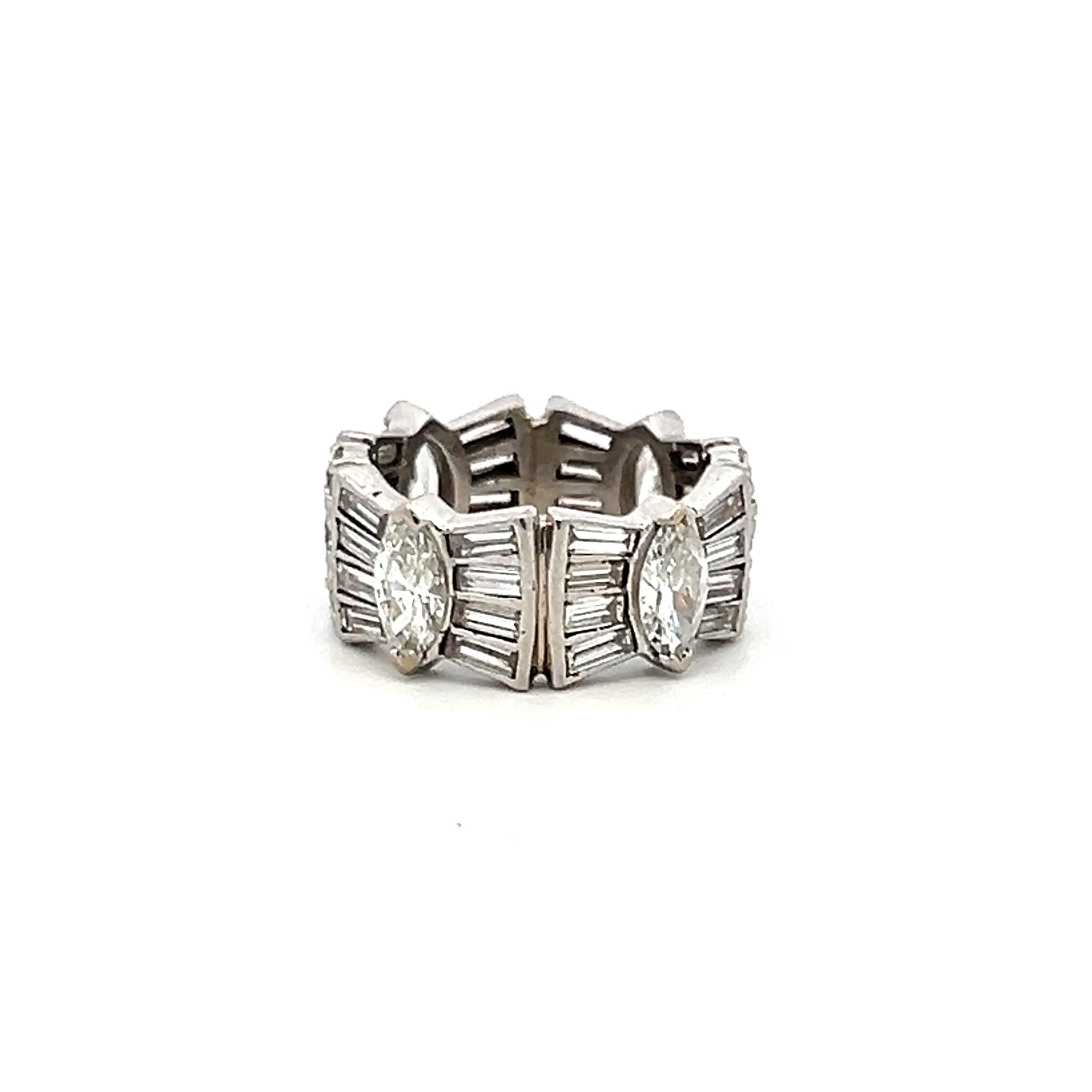 4.08 Carat Marquis and Tapered Baguette Round Diamond Platinum Band Ring