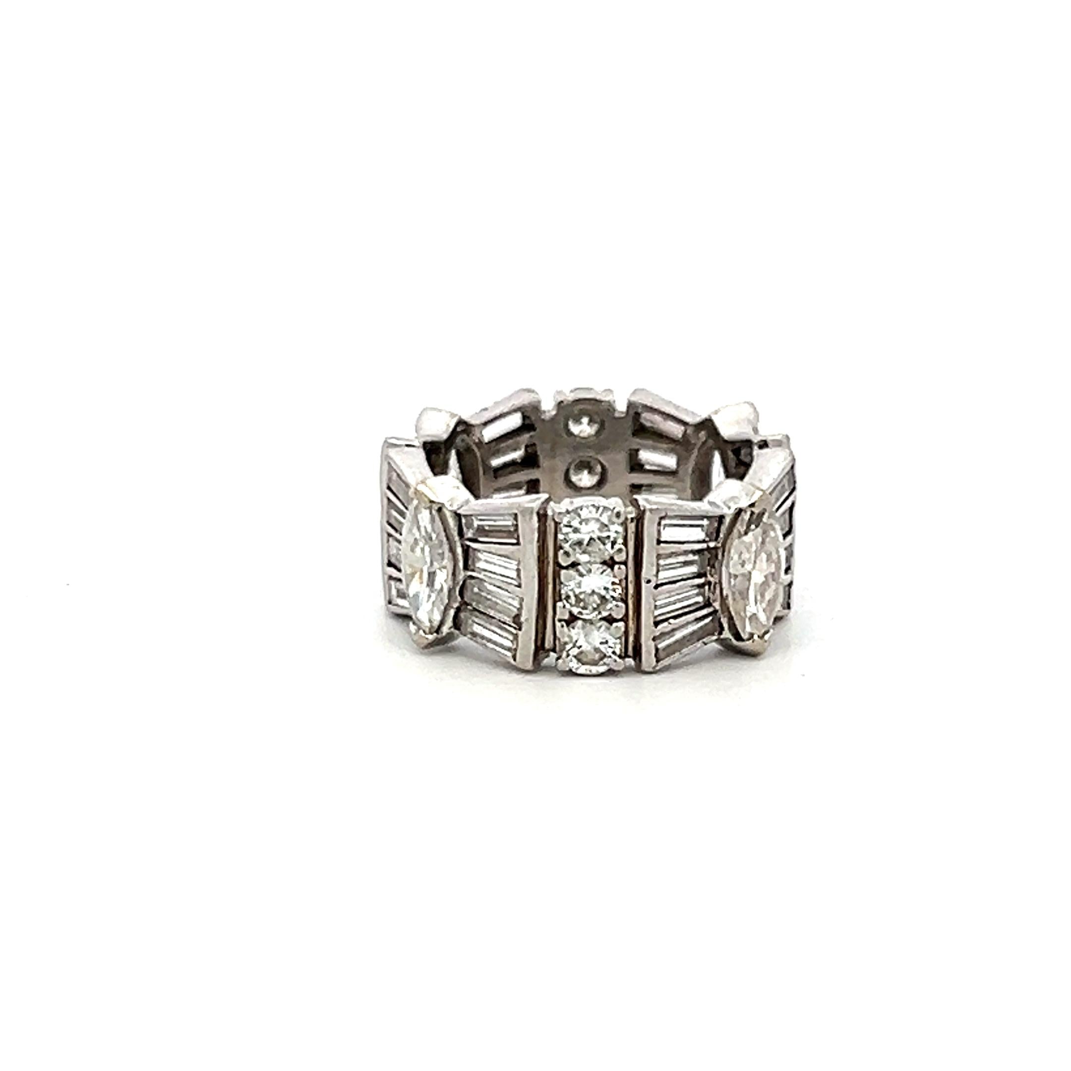 4.08 Carat Marquis and Tapered Baguette Round Diamond Platinum Band Ring