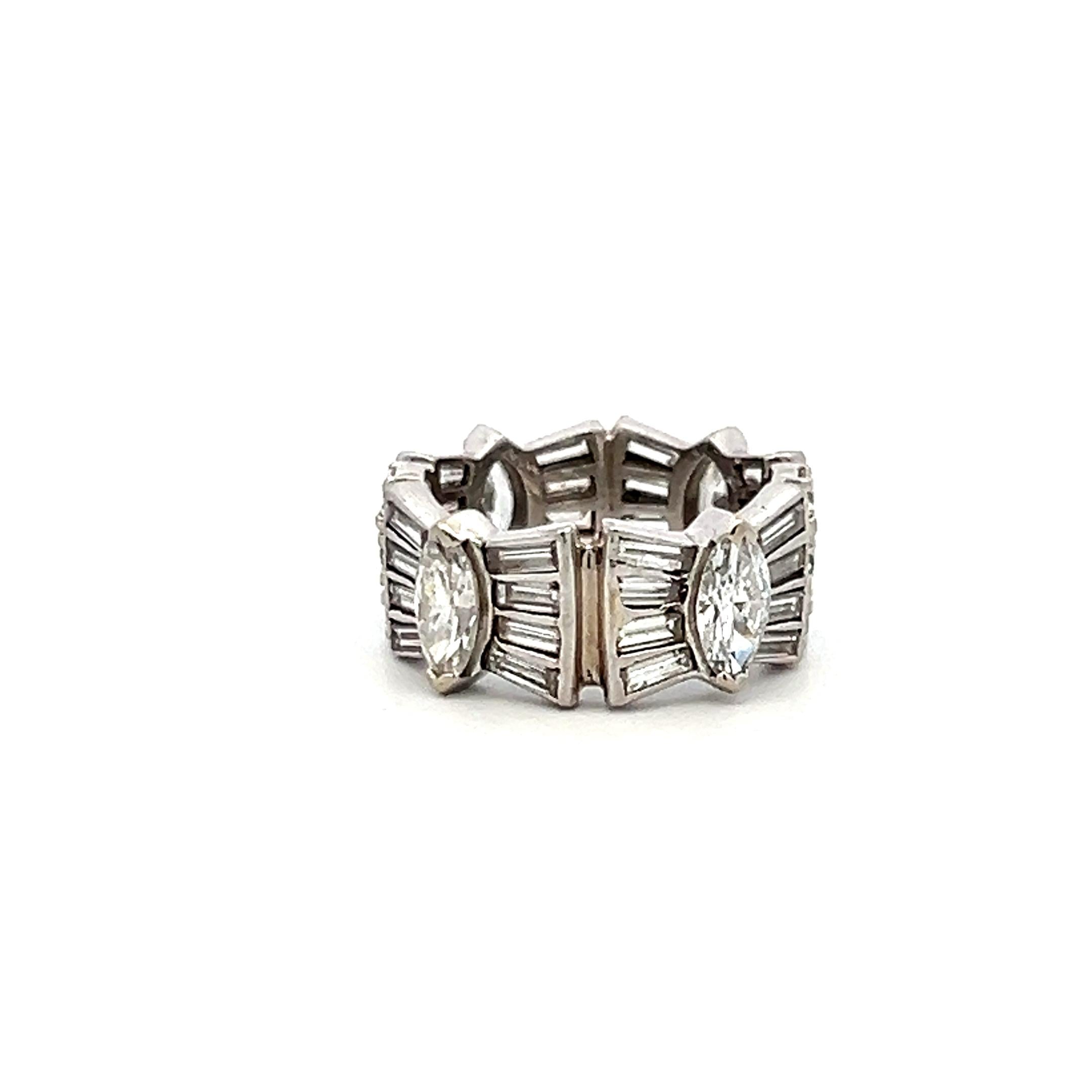 4.08 Carat Marquis and Tapered Baguette Round Diamond Platinum Band Ring