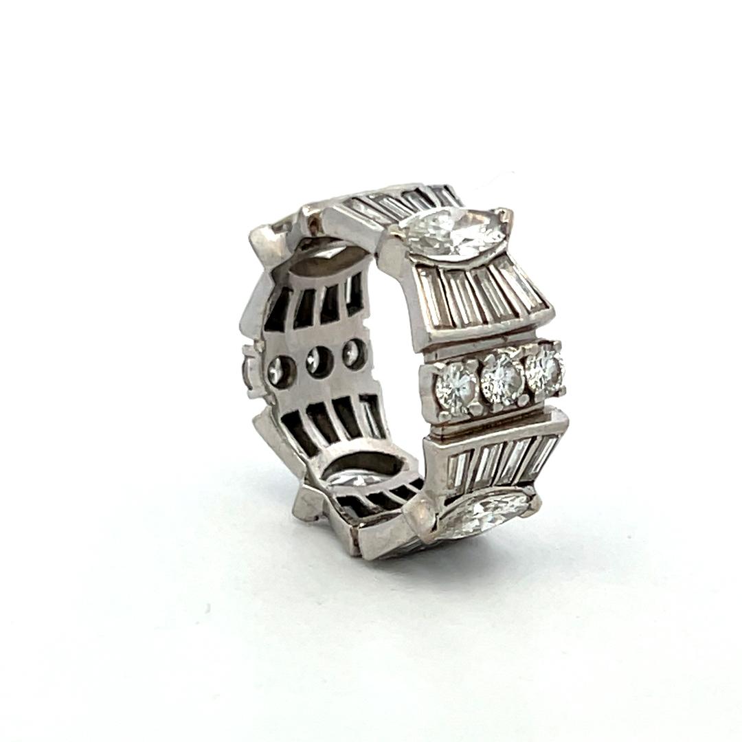 4.08 Carat Marquis and Tapered Baguette Round Diamond Platinum Band Ring