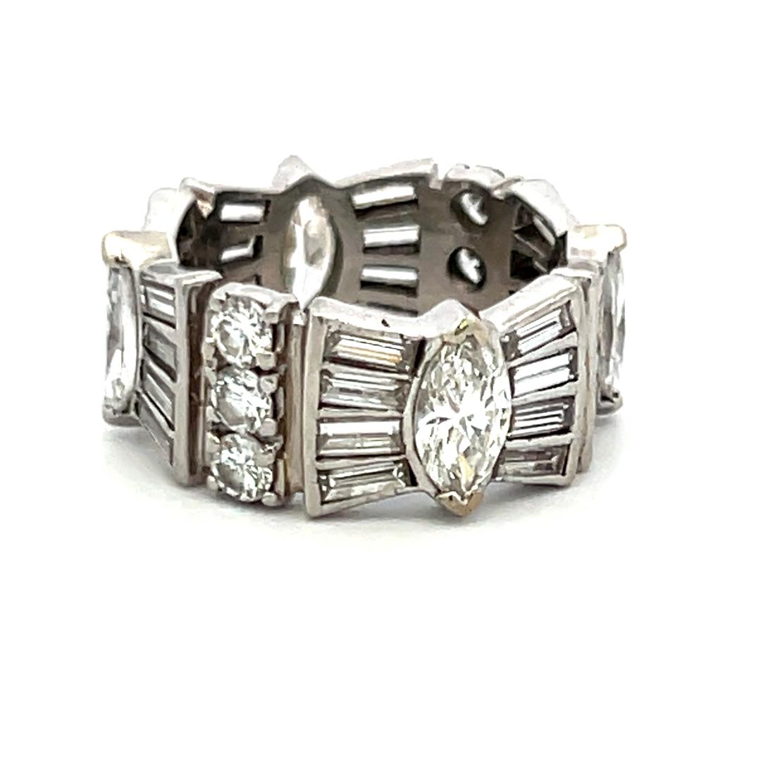 4.08 Carat Marquis and Tapered Baguette Round Diamond Platinum Band Ring