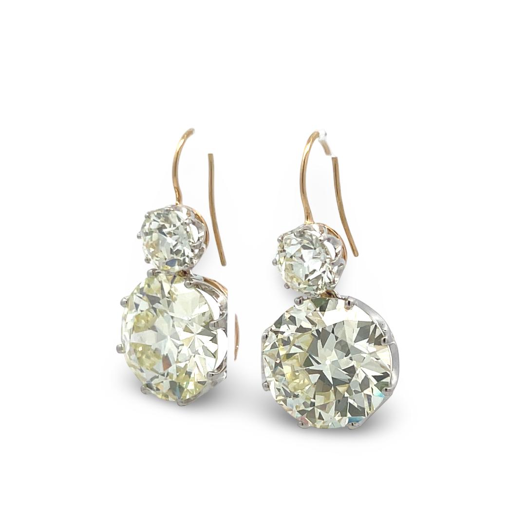 14K YG Leverback Earrings with 29.26ct Circular & Old European Cut Diamonds GIA