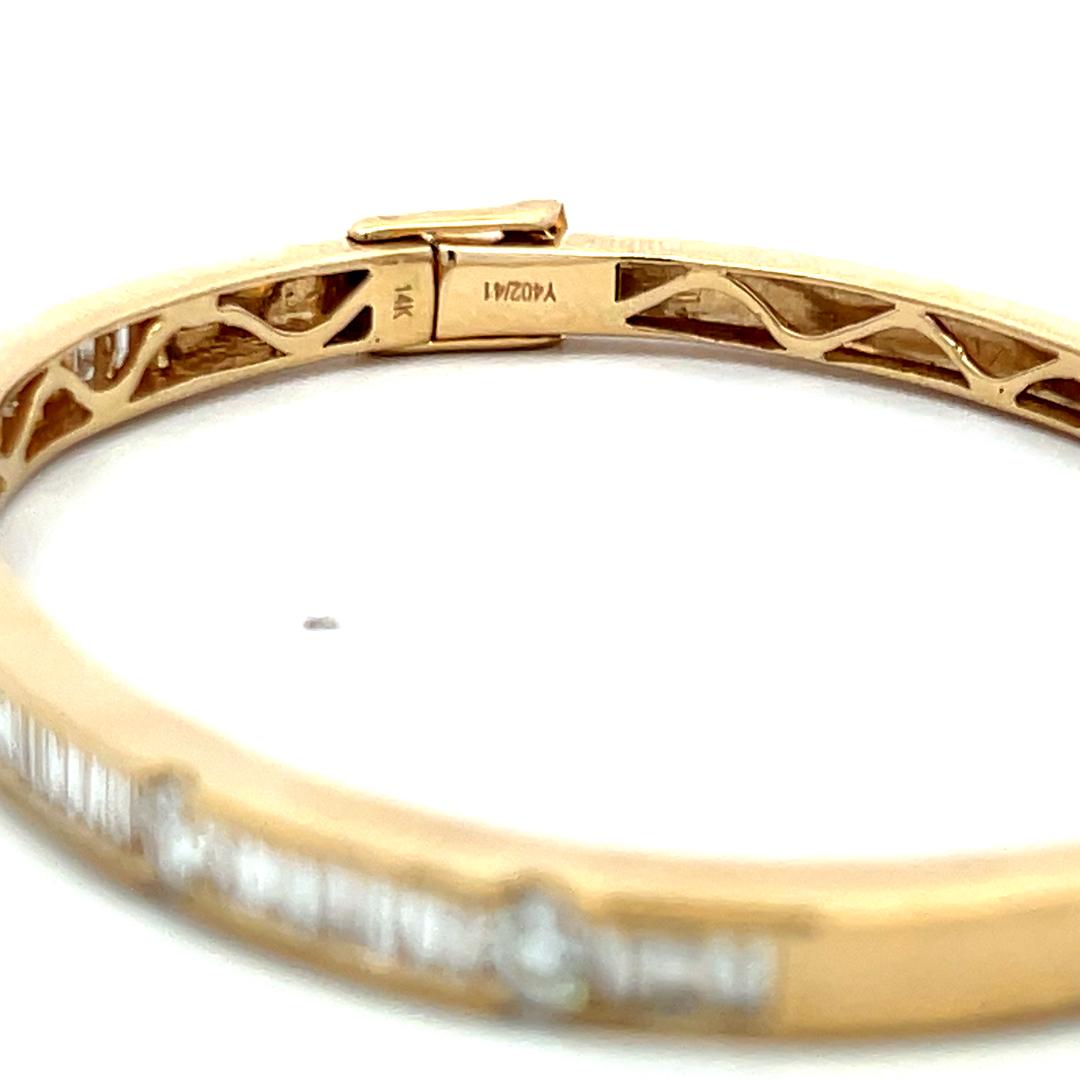 2.80 Carat Tapered Baguette and Round Diamond 14K Yellow Gold Bangle Bracelet