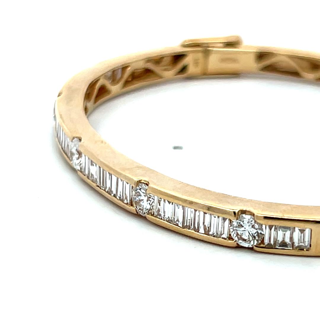 2.80 Carat Tapered Baguette and Round Diamond 14K Yellow Gold Bangle Bracelet