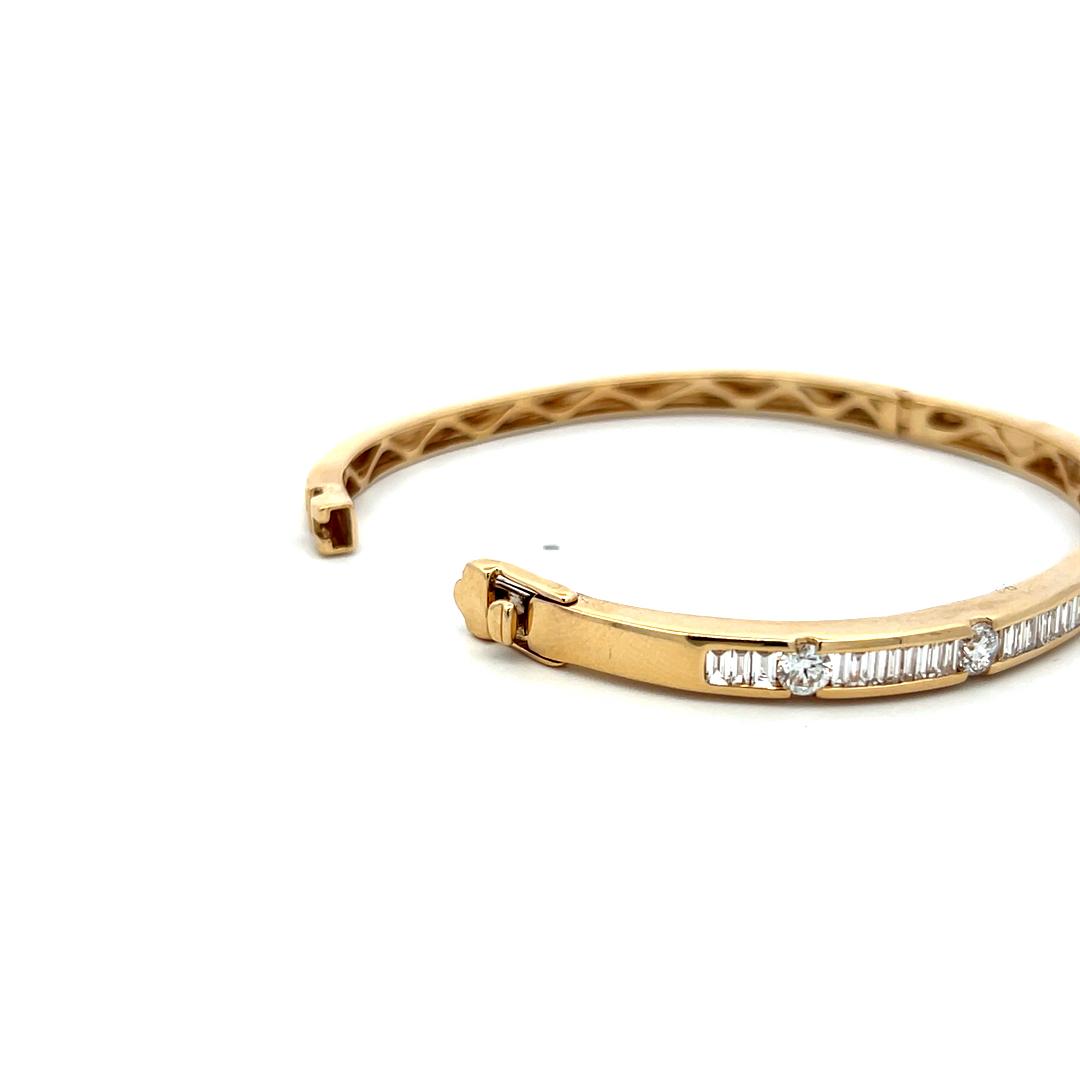 2.80 Carat Tapered Baguette and Round Diamond 14K Yellow Gold Bangle Bracelet