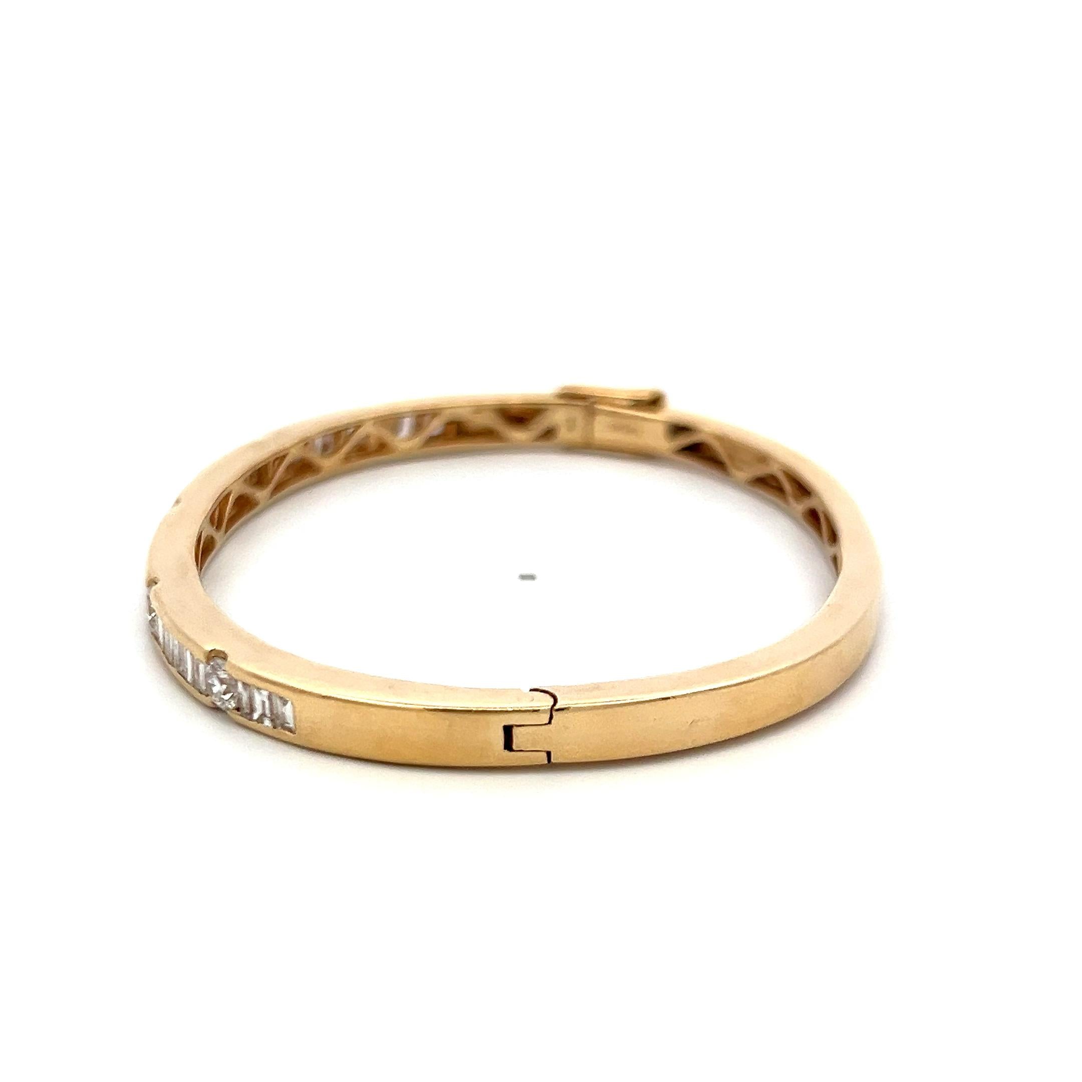 2.80 Carat Tapered Baguette and Round Diamond 14K Yellow Gold Bangle Bracelet