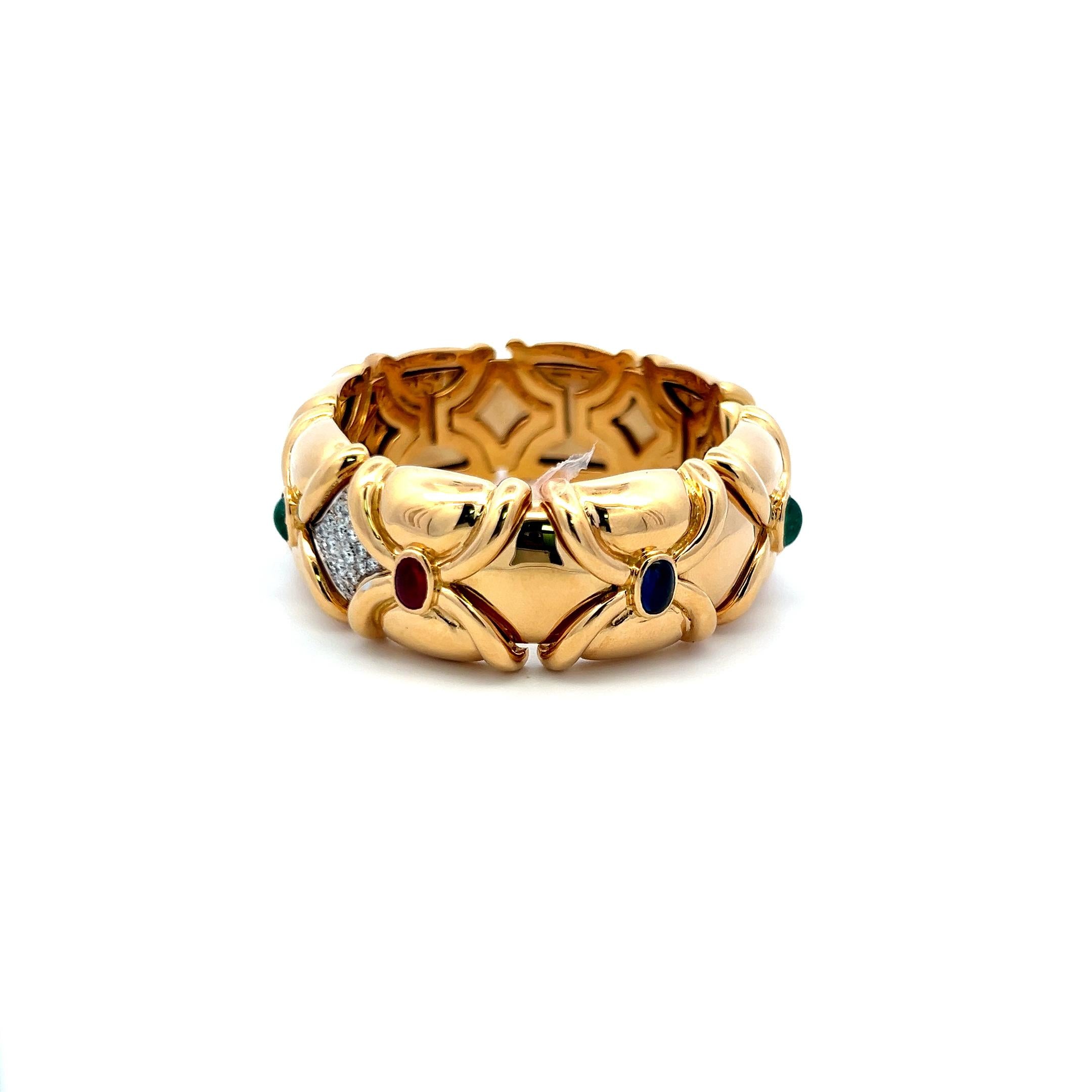 1.50 Carat Diamond 2.66 Carat Emerald Sapphire Ruby 18K YG Cuff Bracelet