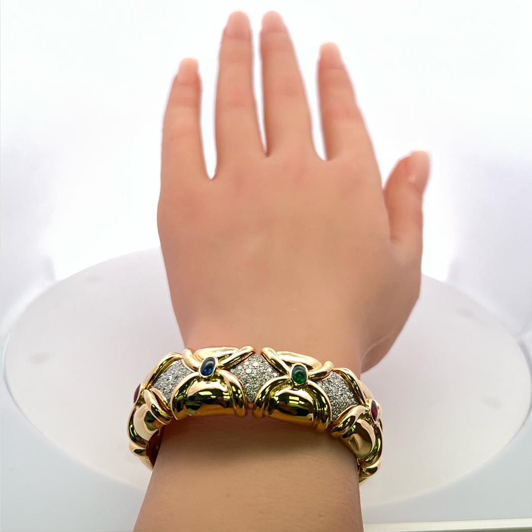 1.50 Carat Diamond 2.66 Carat Emerald Sapphire Ruby 18K YG Cuff Bracelet